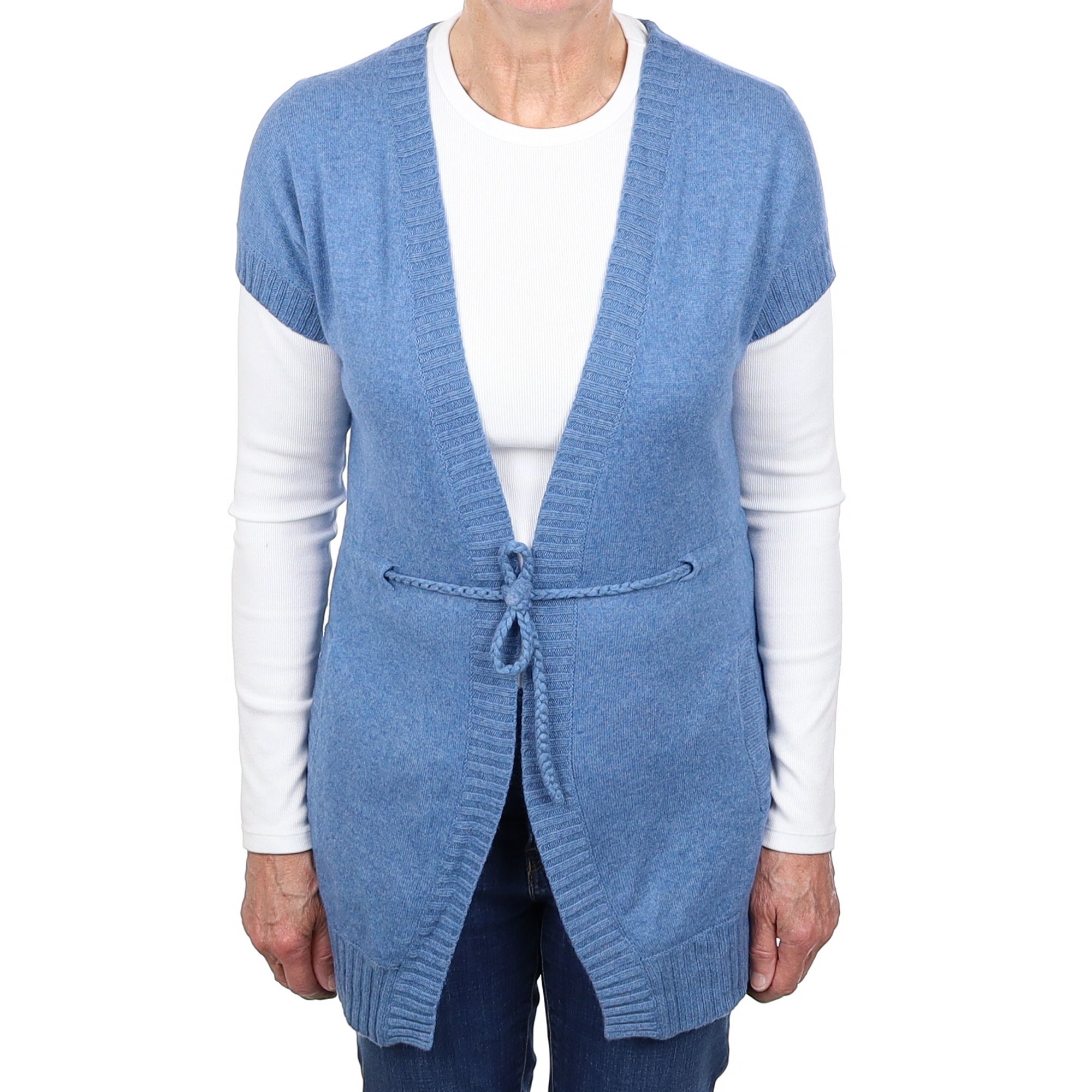 Denim Blue Short Sleeve Cashmere Edge to Edge Cardigan Medium