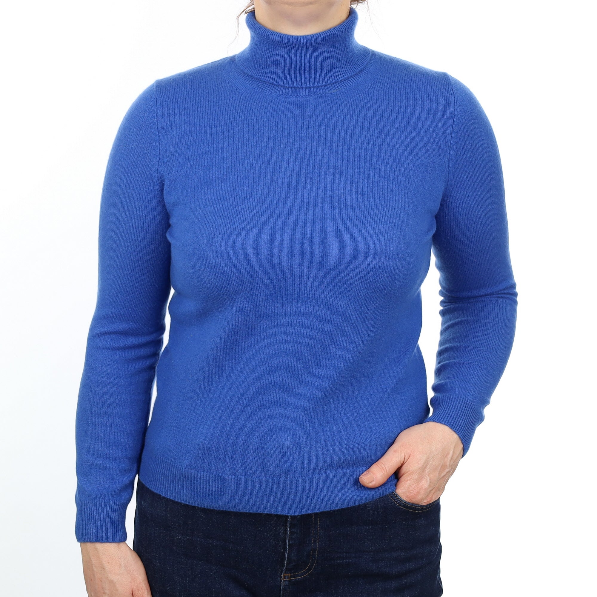 Azure Blue Cashmere Polo Neck Jumper Medium