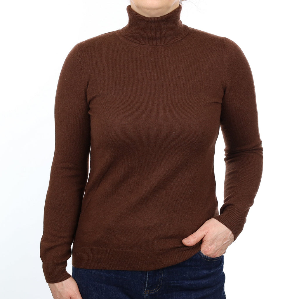 Chocolate Brown Cashmere Polo Neck Jumper Medium