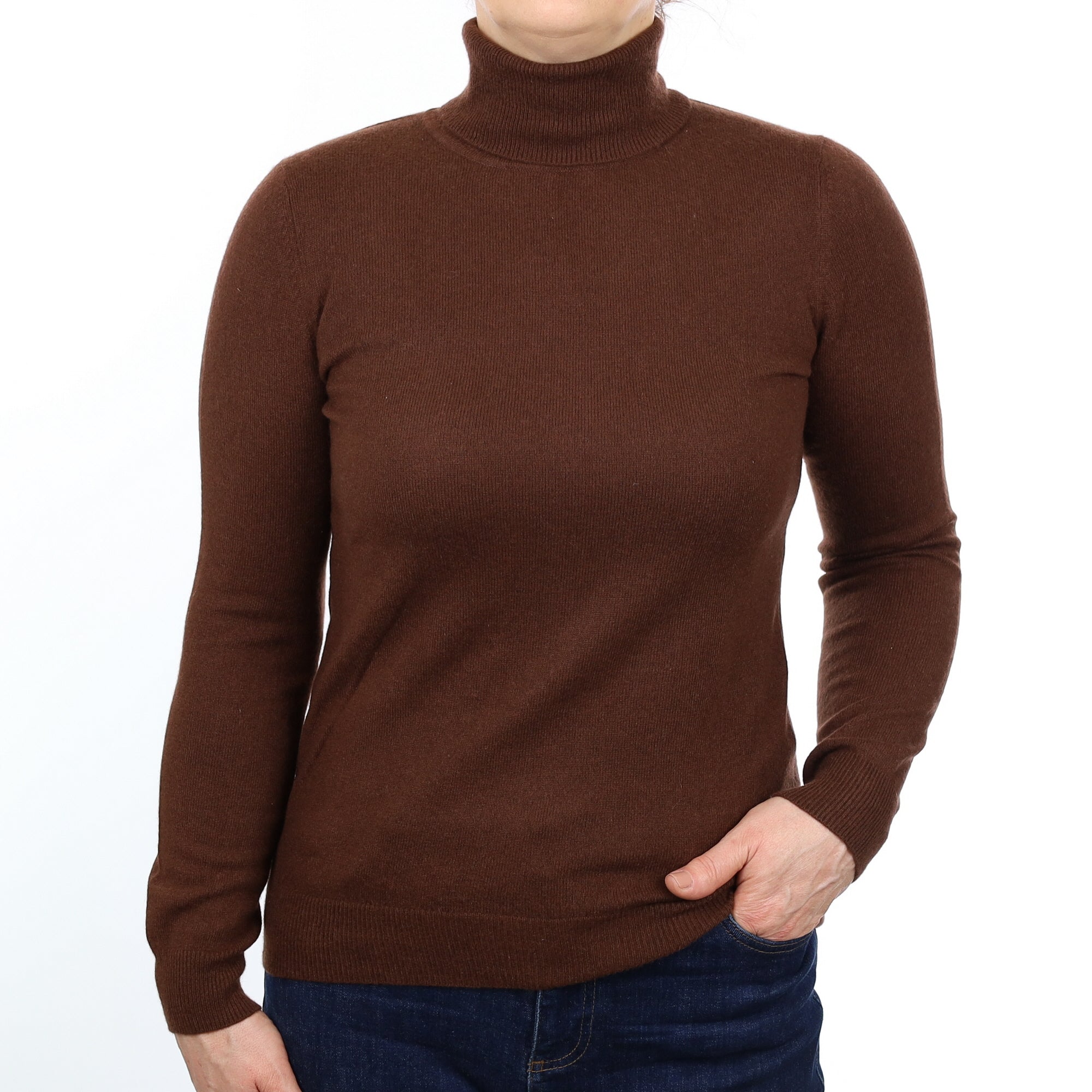 Chocolate Brown Cashmere Polo Neck Jumper Medium