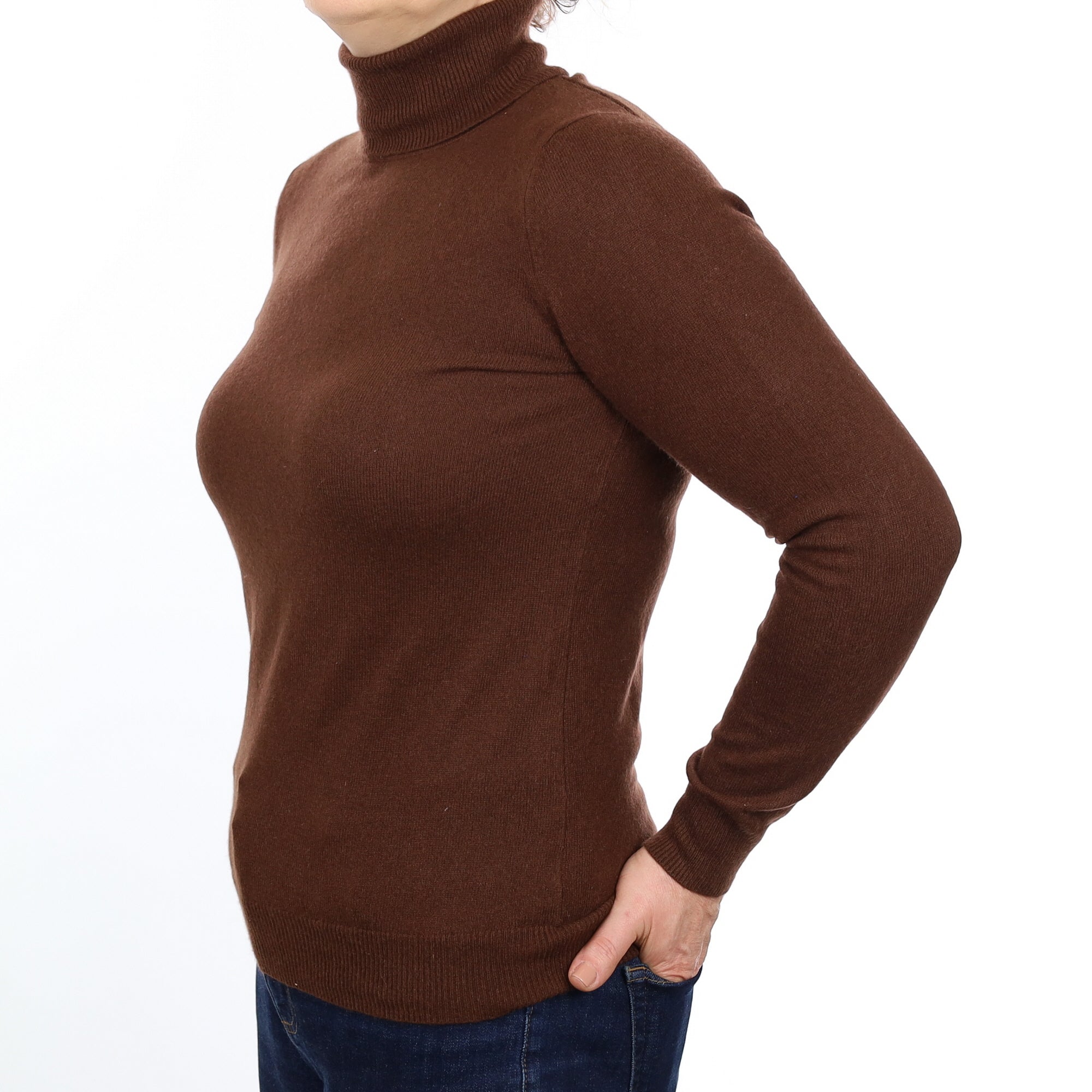 Chocolate Brown Cashmere Polo Neck Jumper Medium