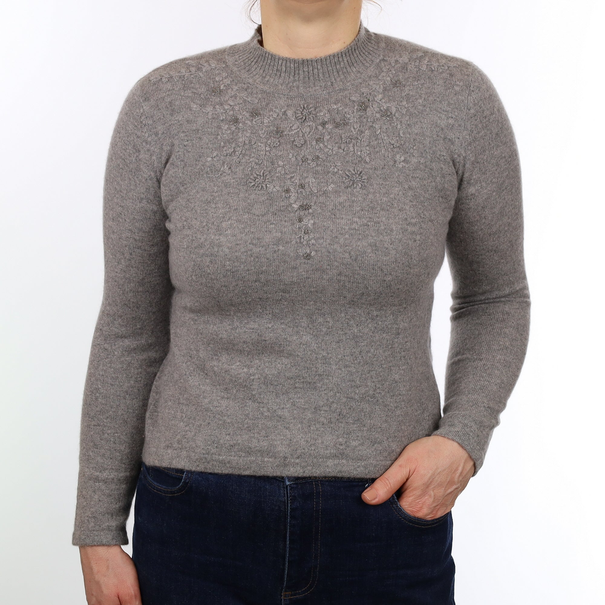 Ash Grey Floral Embroidered Cashmere Turtle Neck Jumper Medium