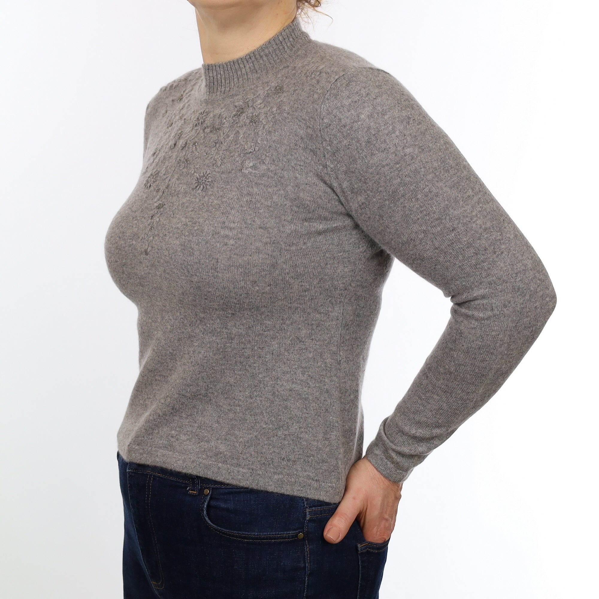 Ash Grey Floral Embroidered Cashmere Turtle Neck Jumper Medium