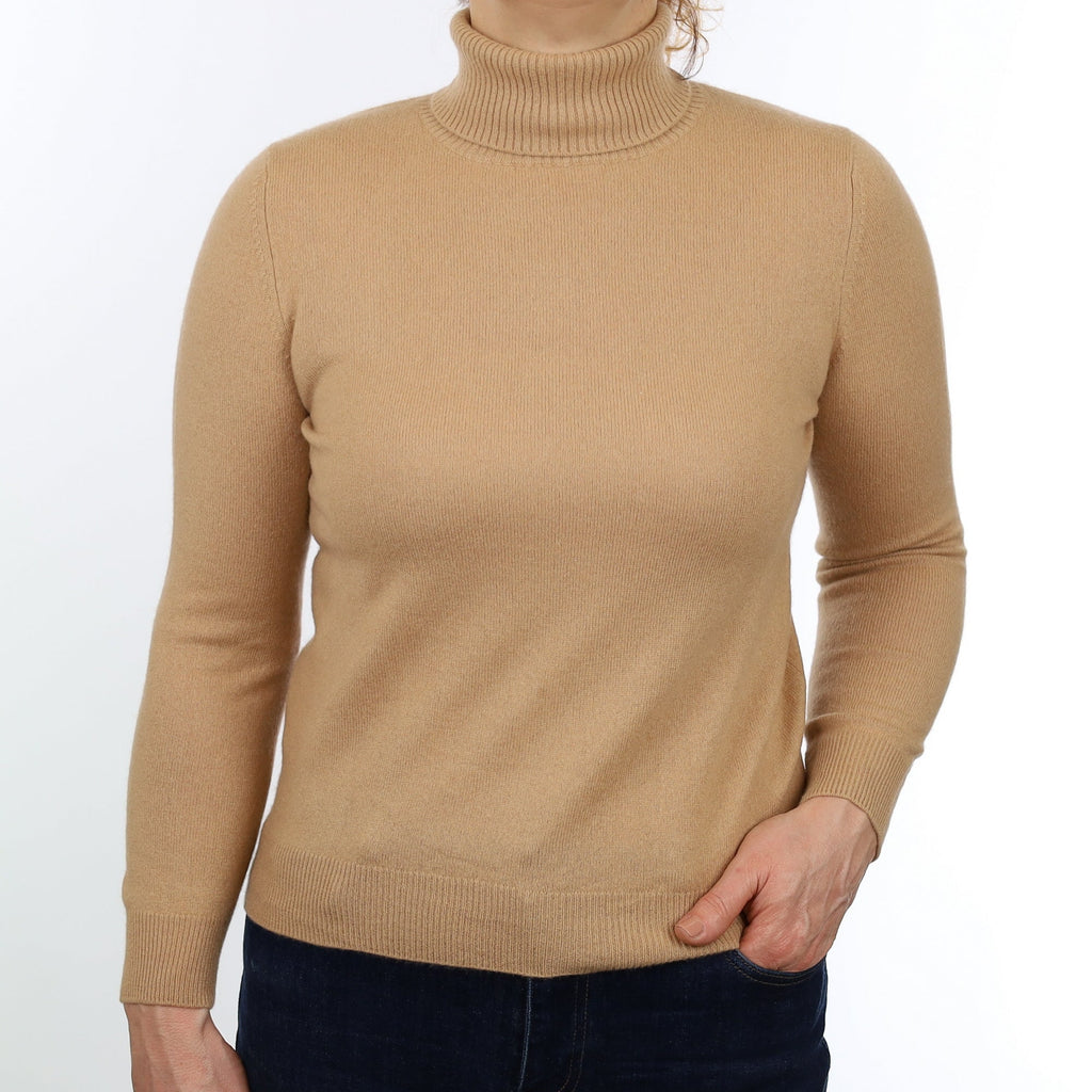 Camel Brown Cashmere Polo Neck Jumper Medium