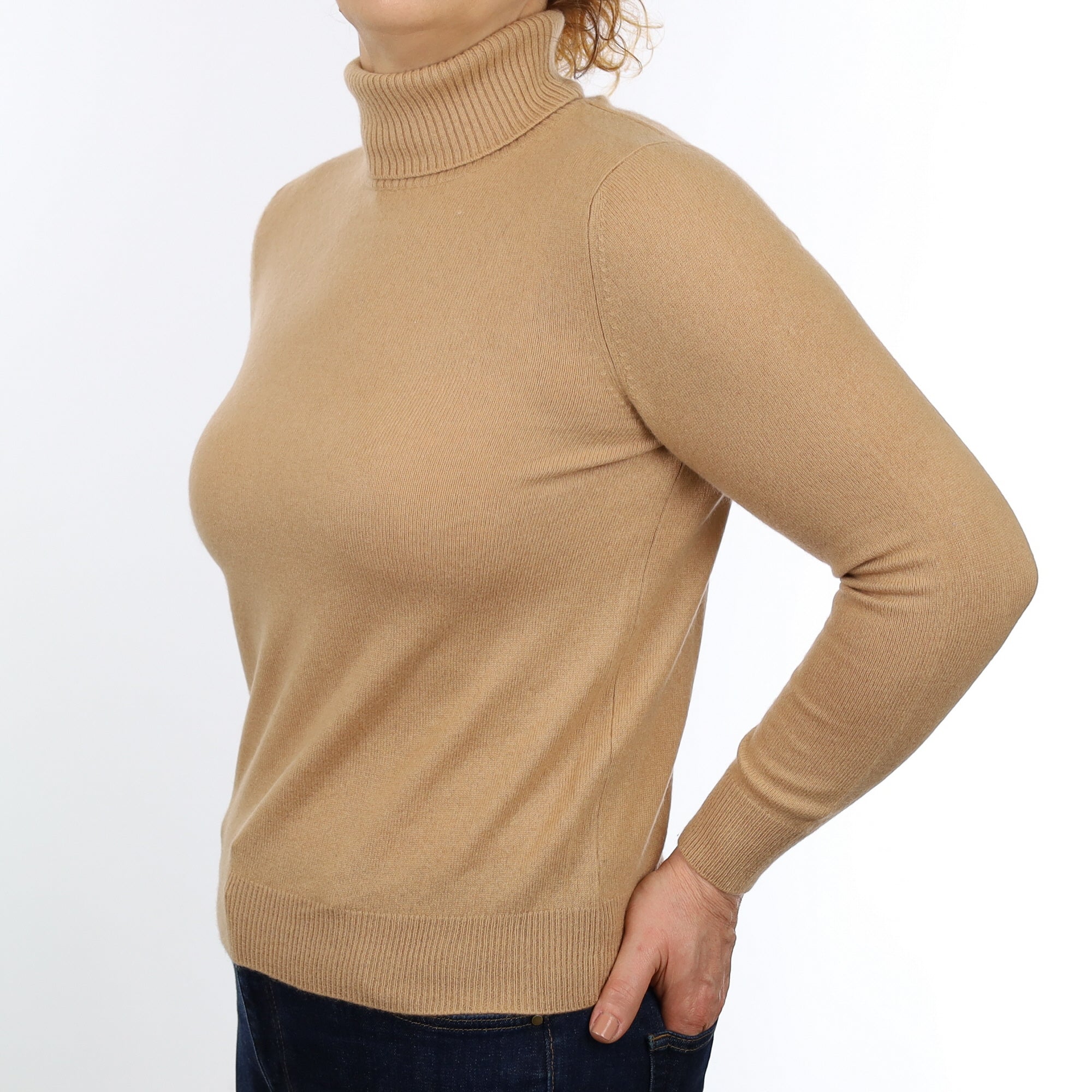 Camel Brown Cashmere Polo Neck Jumper Medium