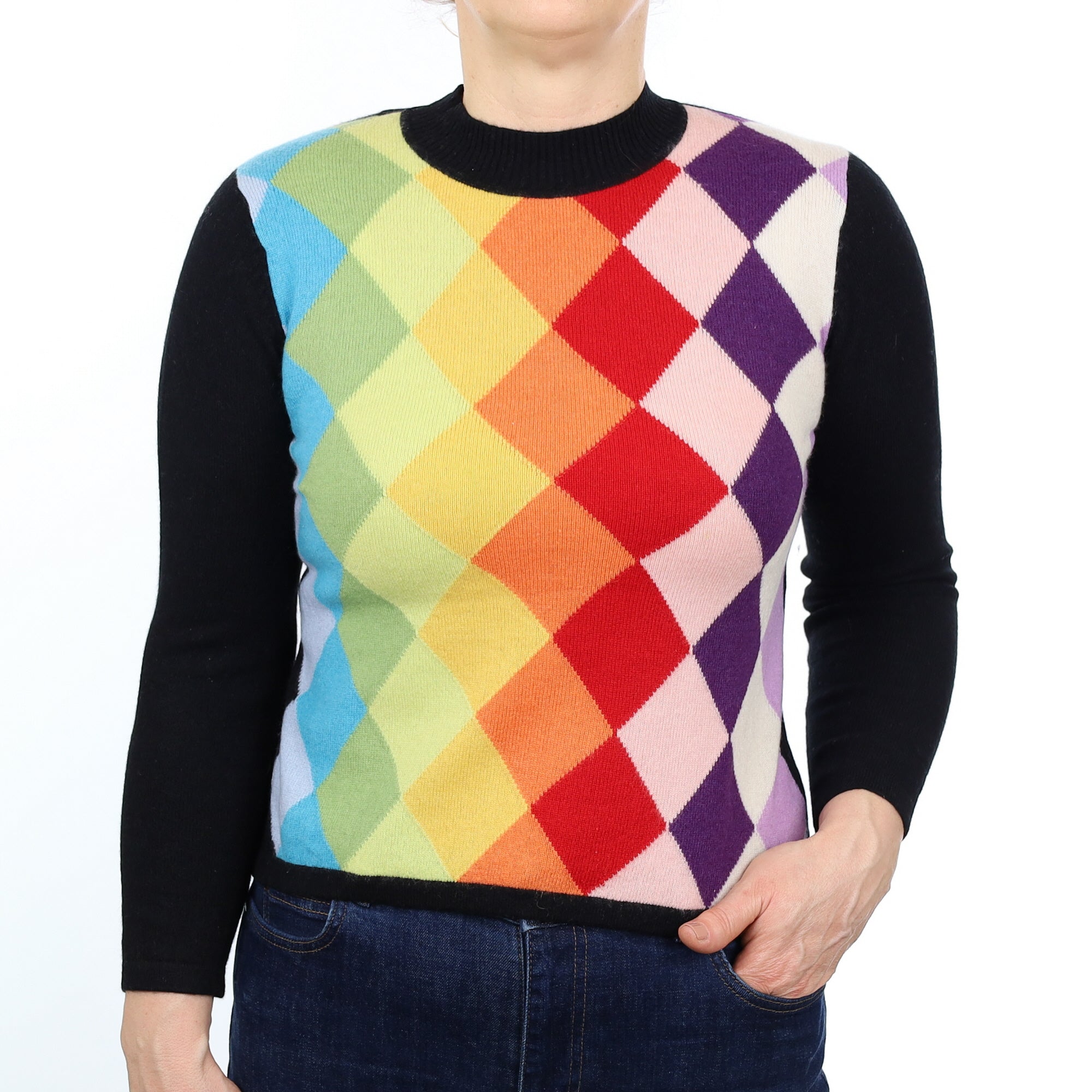 Black Multicoloured Argyle Cashmere Turtle Neck Jumper Medium