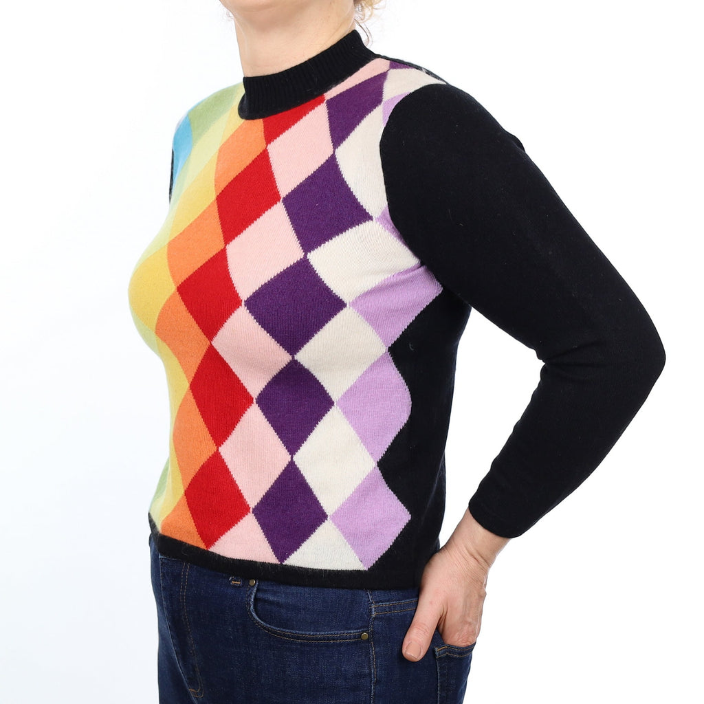 Black Multicoloured Argyle Cashmere Turtle Neck Jumper Medium