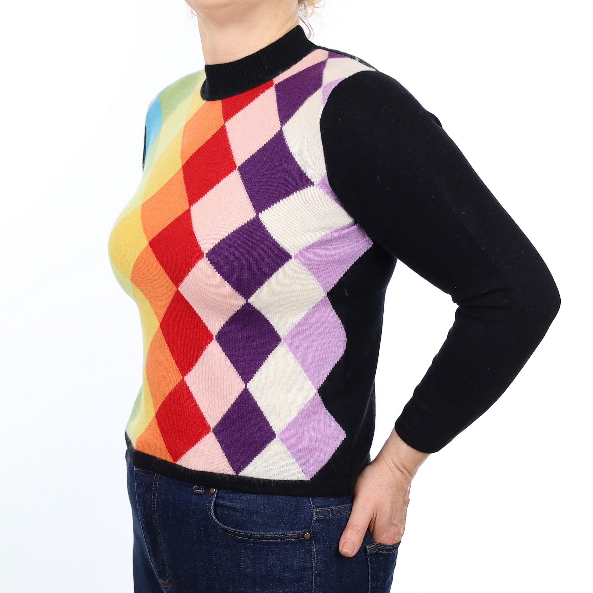 Black Multicoloured Argyle Cashmere Turtle Neck Jumper Medium