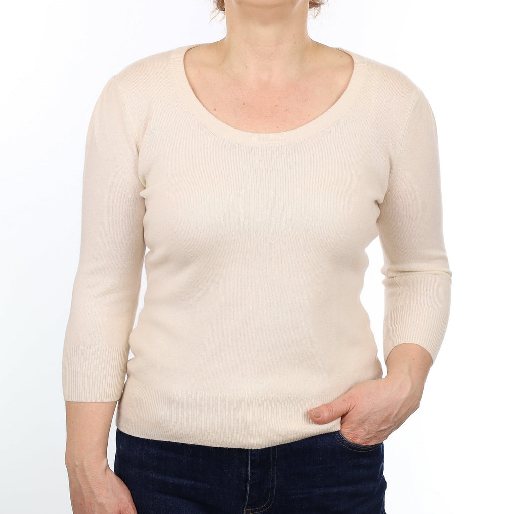 Vanilla Cream Cashmere Scoop Neck 3/4 sleeve Jumper Medium