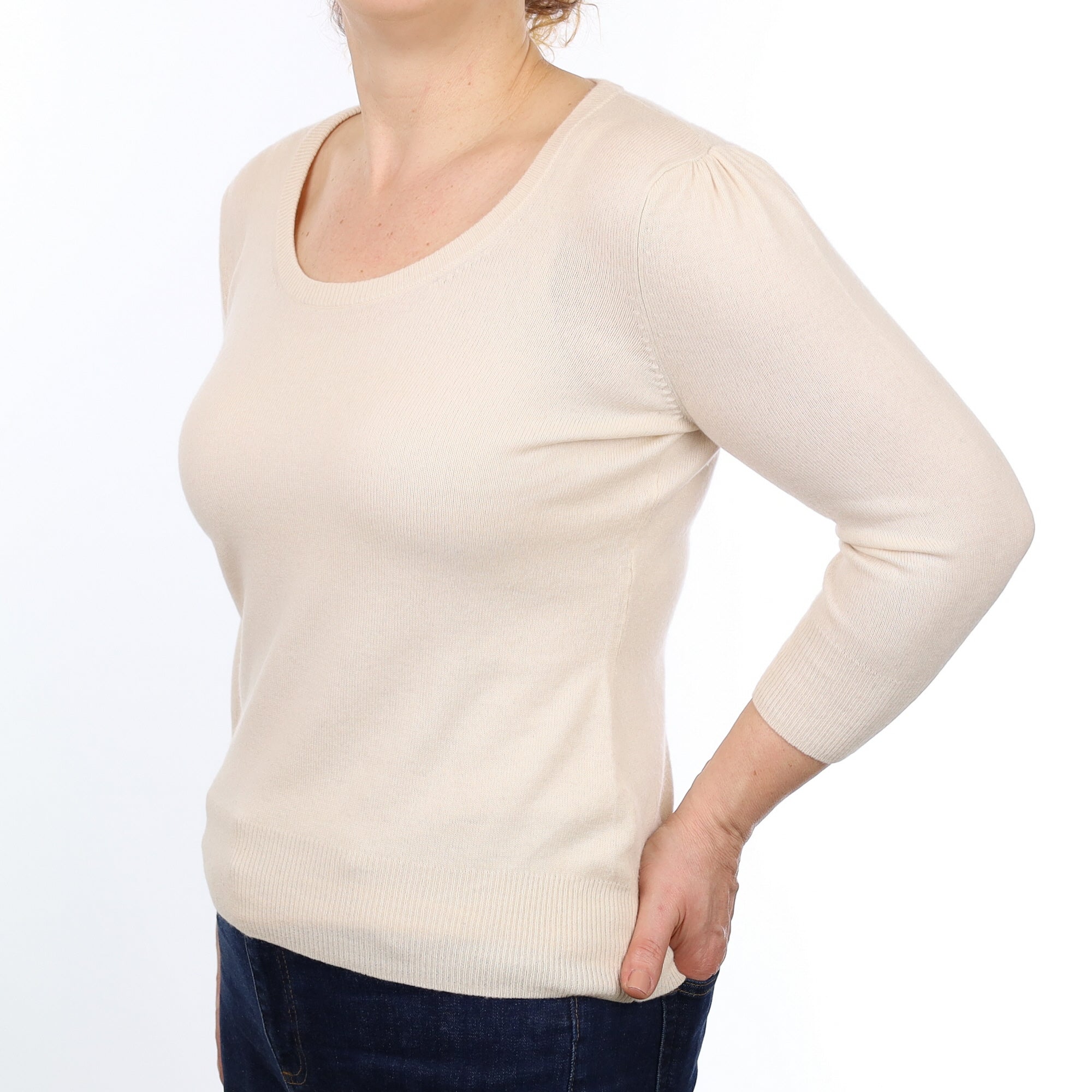 Vanilla Cream Cashmere Scoop Neck 3/4 sleeve Jumper Medium
