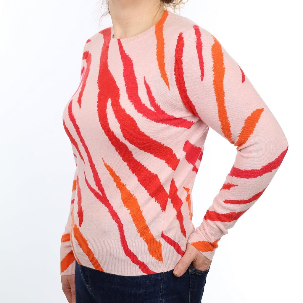 Pink, Red and Orange Animal Print Cashmere Crew Neck Jumper Medium
