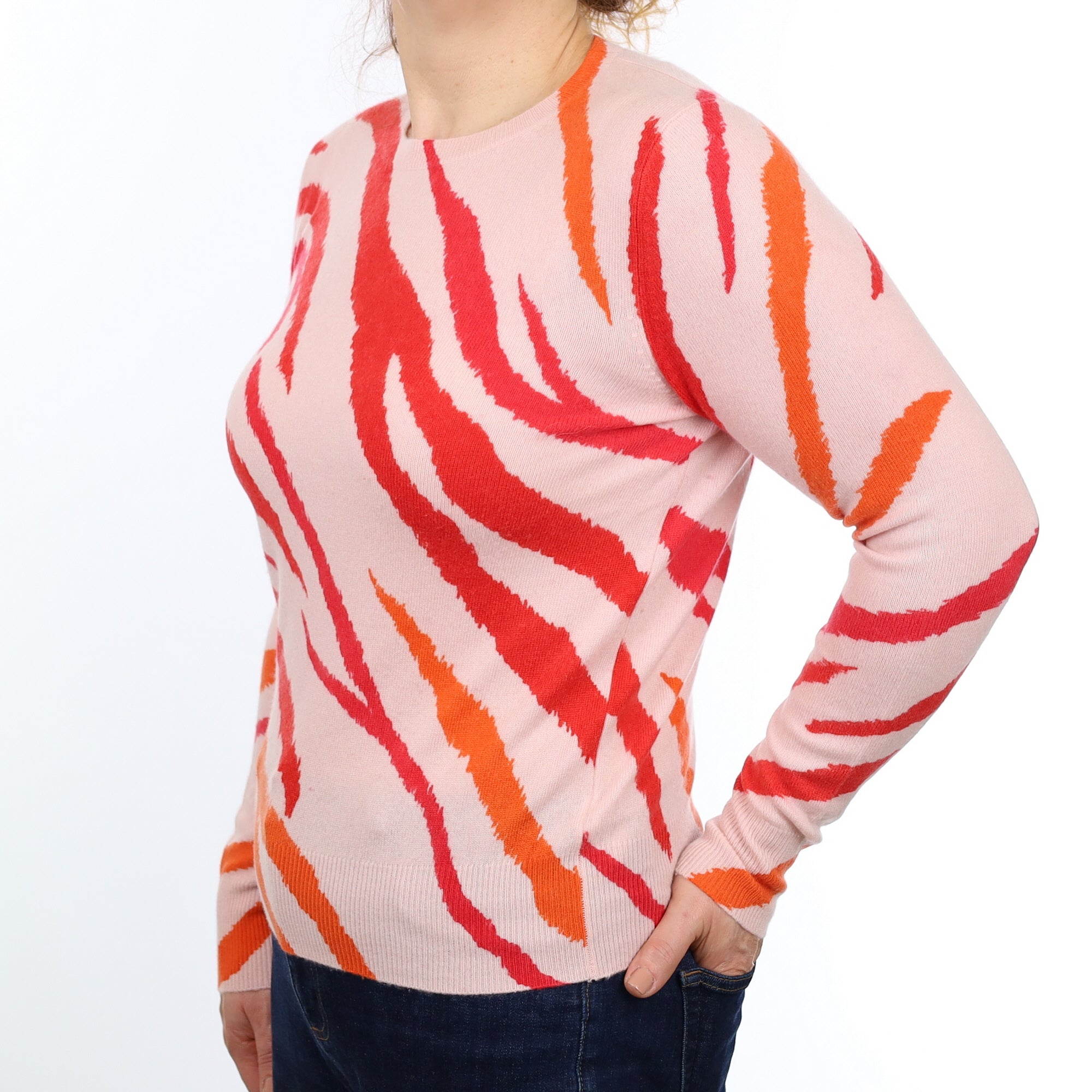 Pink, Red and Orange Animal Print Cashmere Crew Neck Jumper Medium