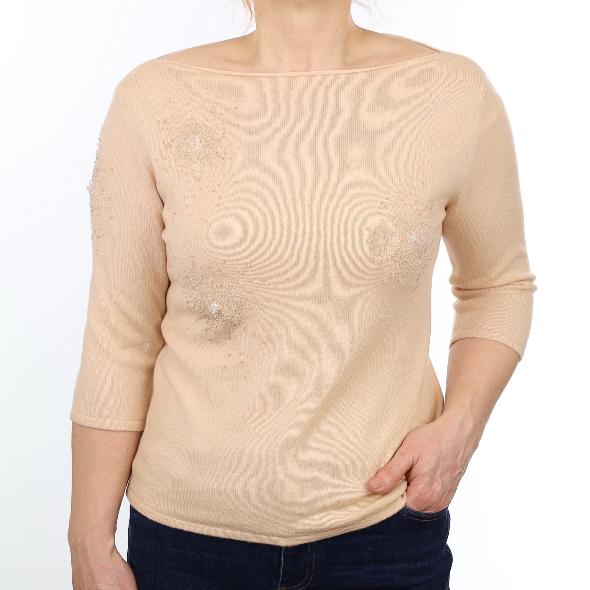 Pale Peach Embellished Cashmere 3/4 Sleeve Slash Neck Jumper Medium