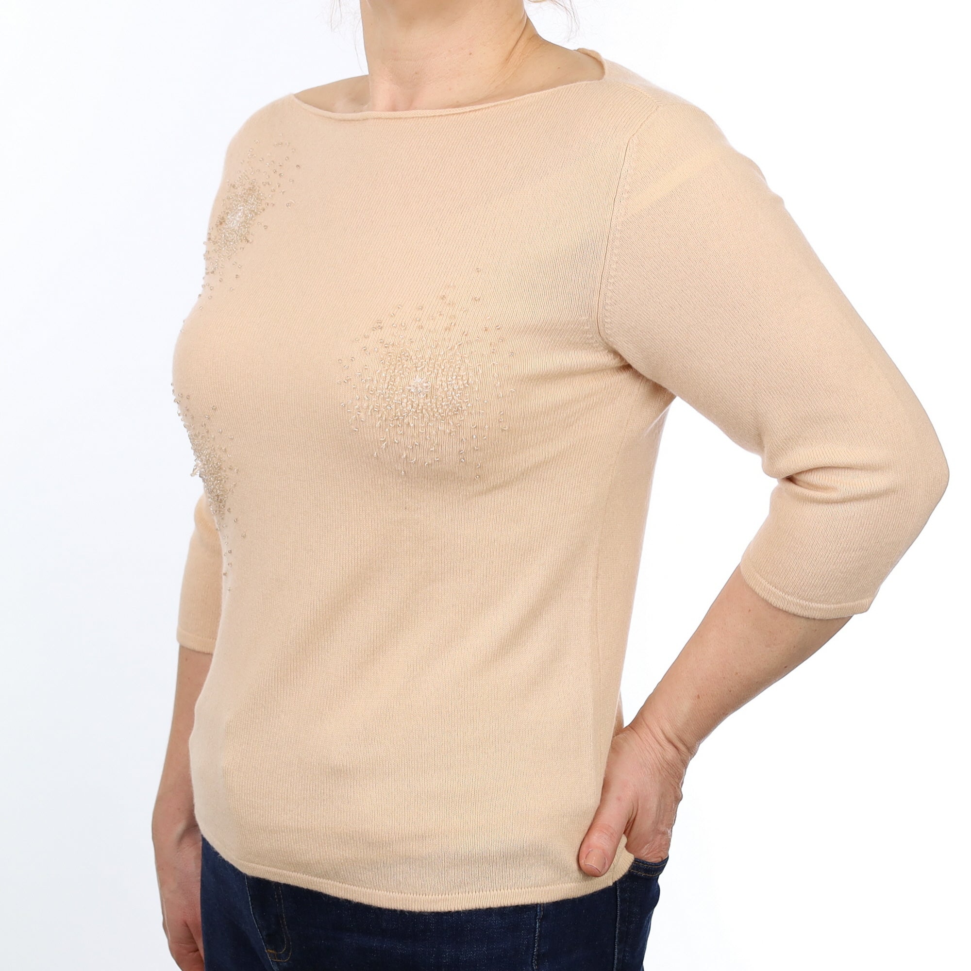 Pale Peach Embellished Cashmere 3/4 Sleeve Slash Neck Jumper Medium