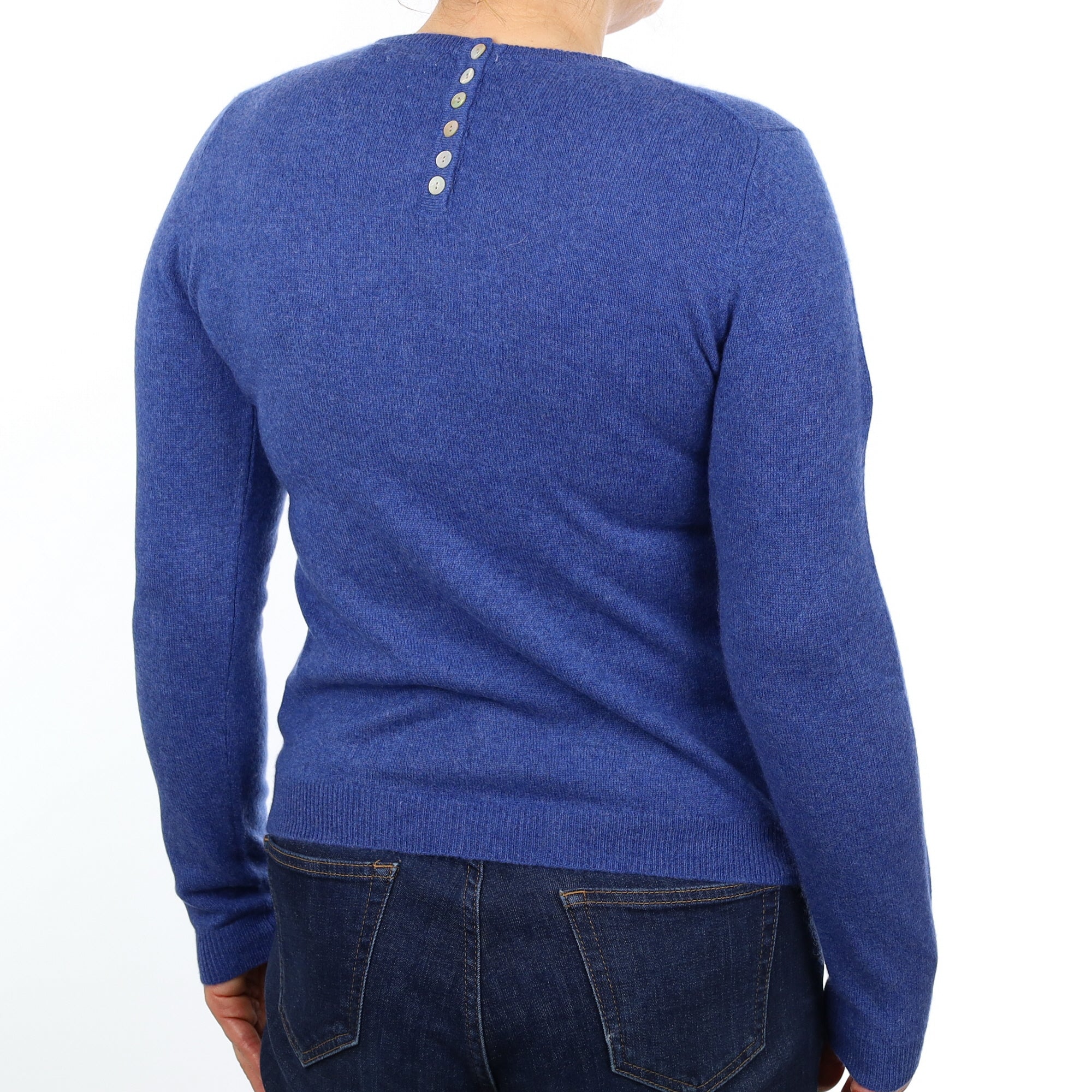 Deep Denim Cashmere Buttoned Crew Neck Jumper Medium