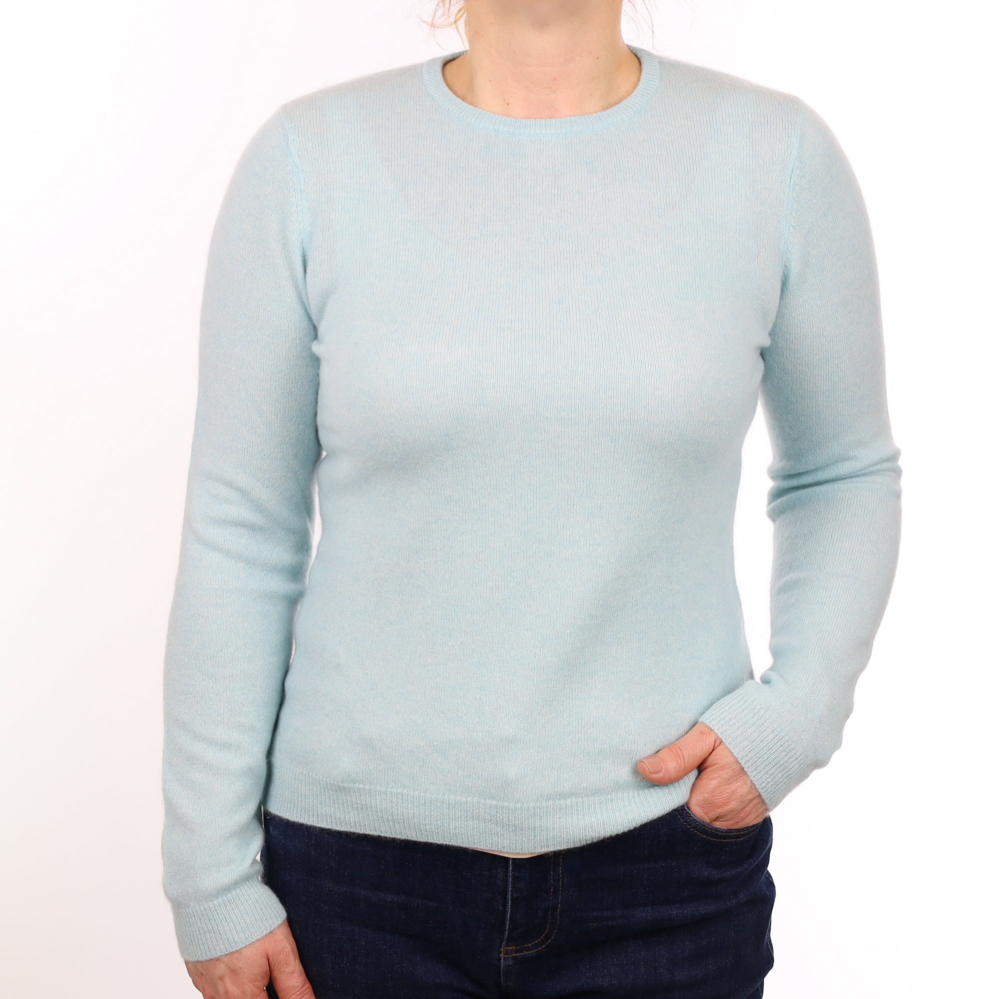 Pale Aqua Cashmere Buttoned Crew Neck Jumper Medium