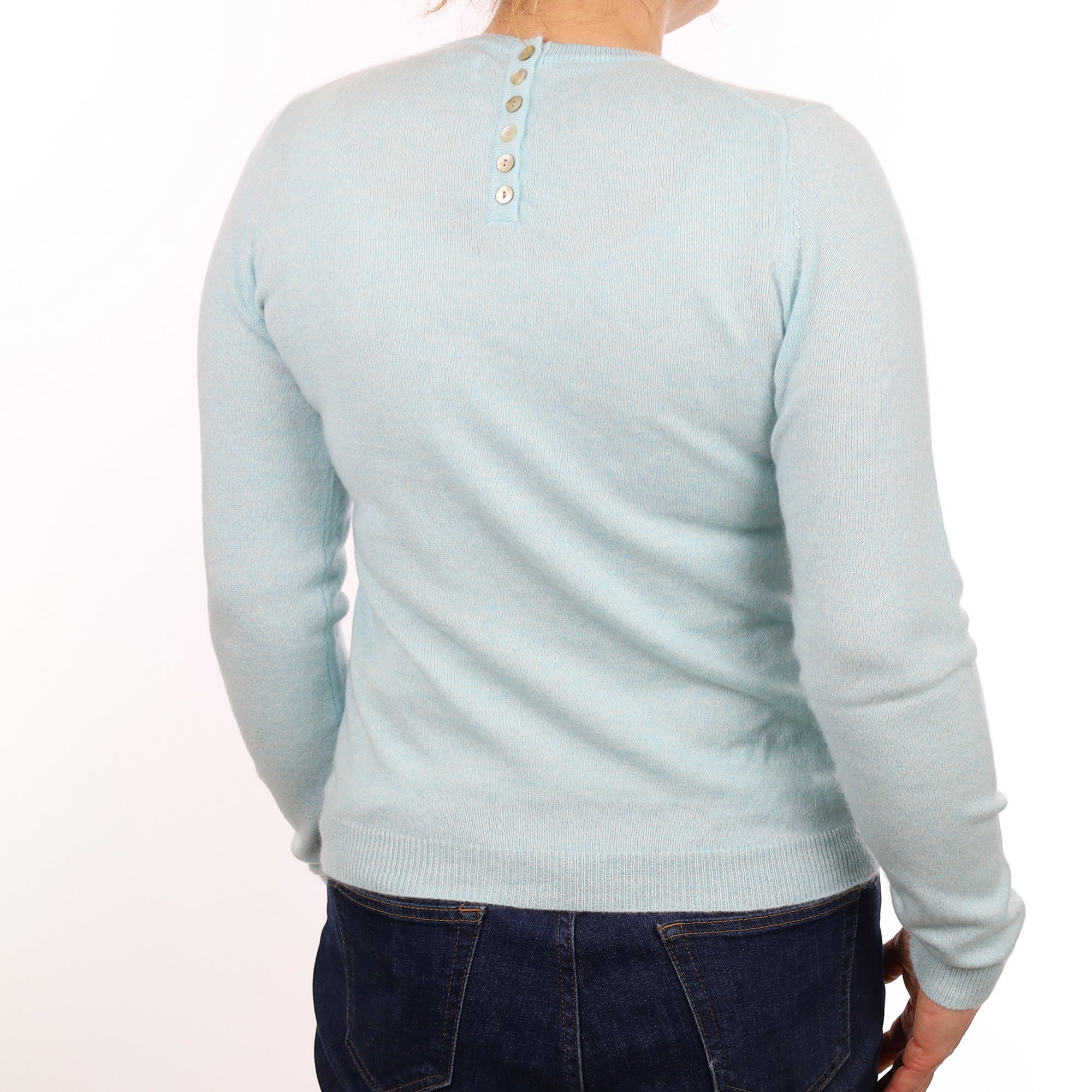 Pale Aqua Cashmere Buttoned Crew Neck Jumper Medium
