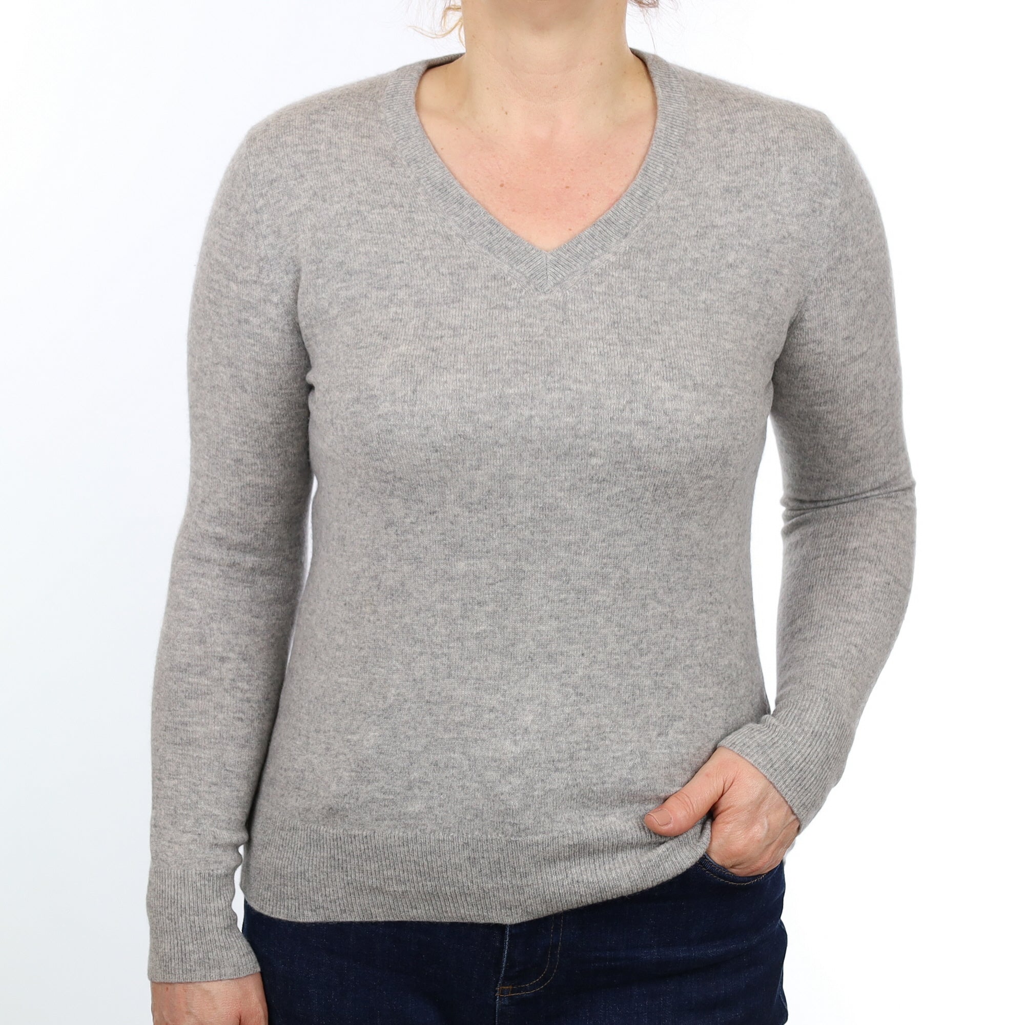 Smoke Grey Cashmere V Neck Jumper Medium