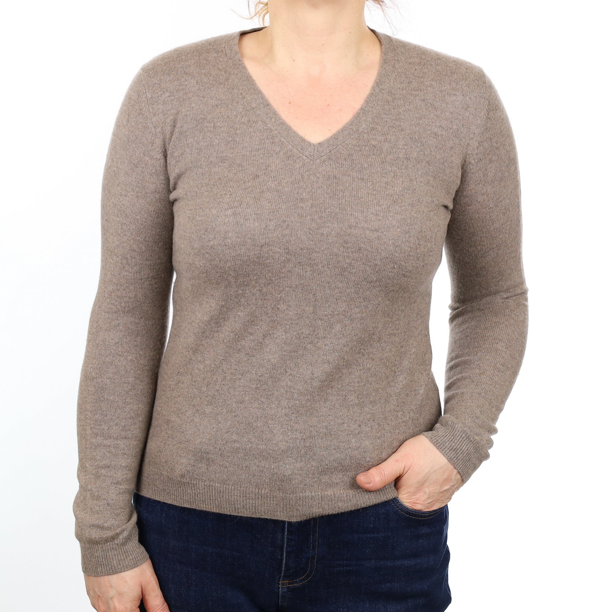 Mink Brown Cashmere V Neck Jumper Medium