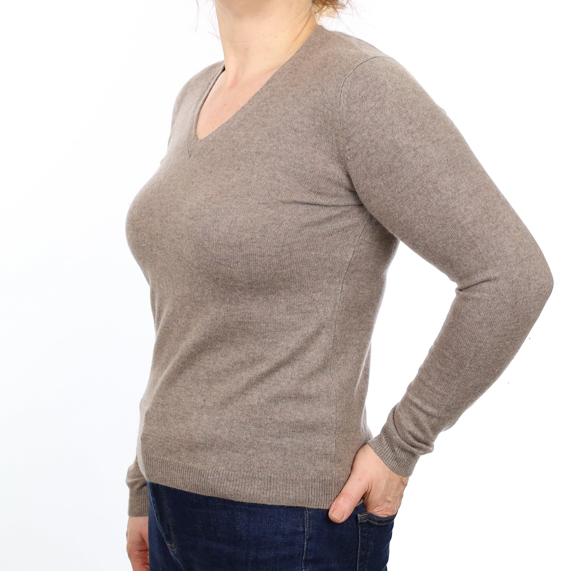 Mink Brown Cashmere V Neck Jumper Medium