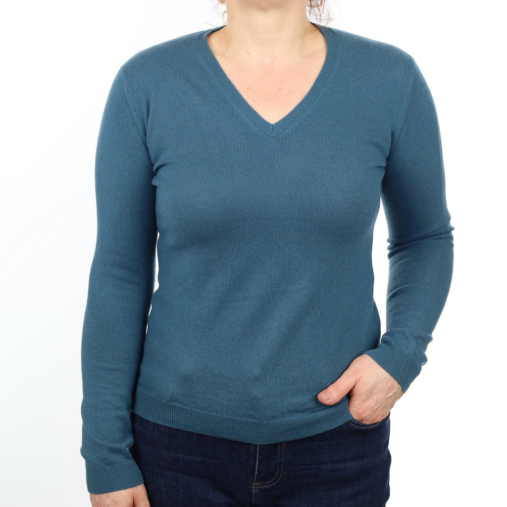 Petrol Blue Cashmere V Neck Jumper Medium