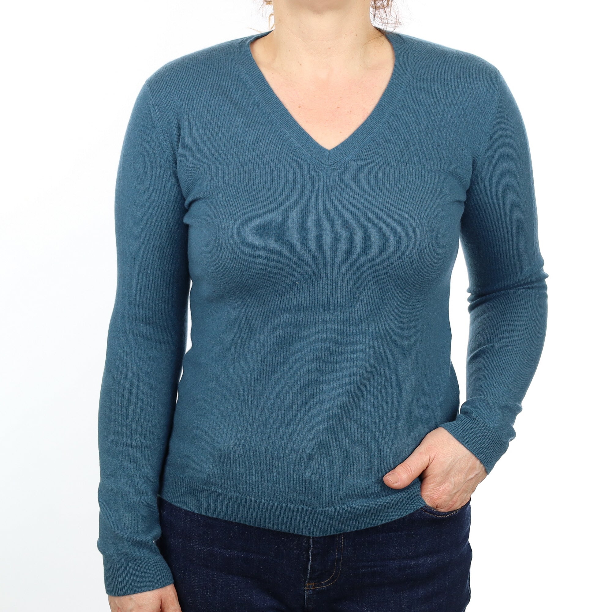 Petrol Blue Cashmere V Neck Jumper Medium