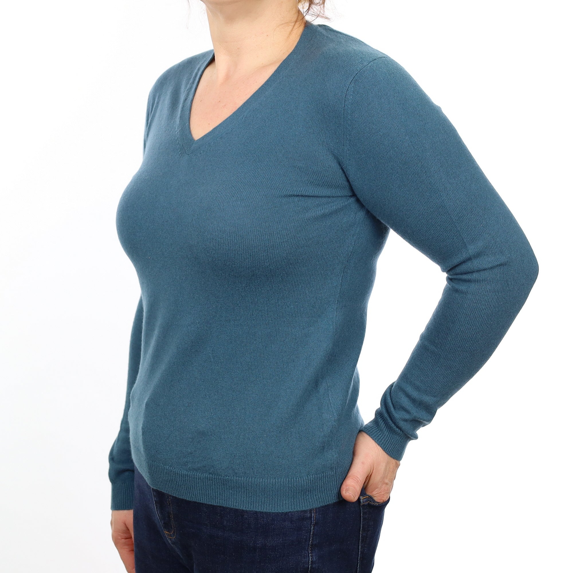 Petrol Blue Cashmere V Neck Jumper Medium