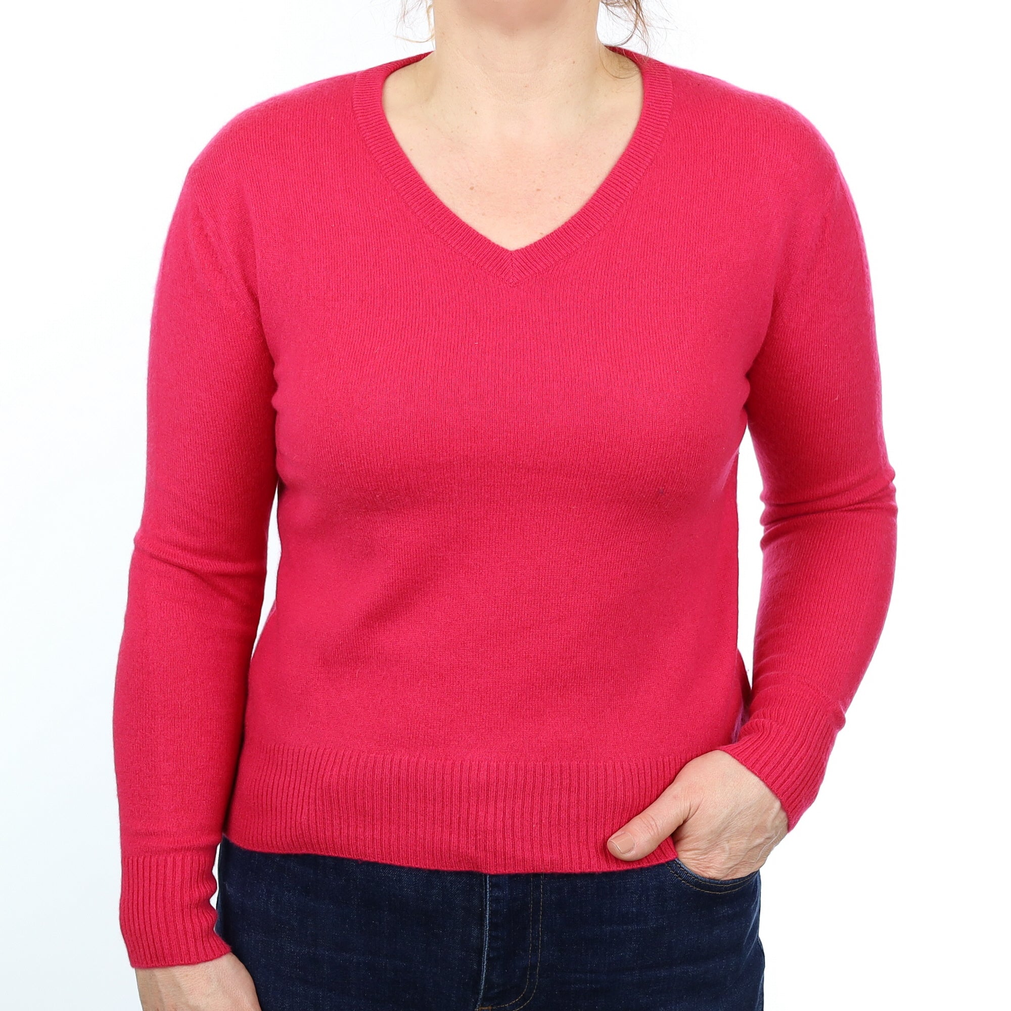 Fuchsia Pink Cashmere V Neck Jumper Medium