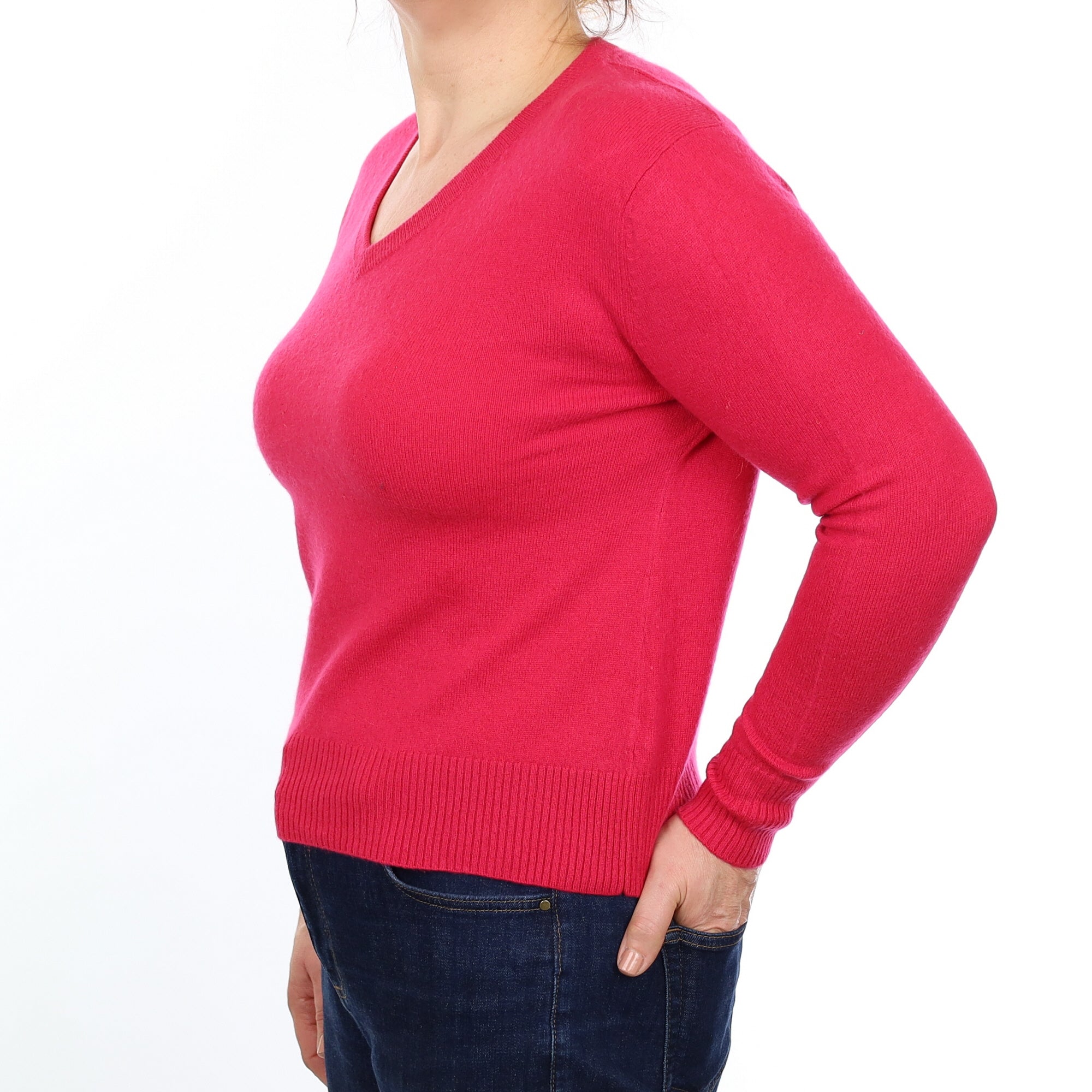 Fuchsia Pink Cashmere V Neck Jumper Medium