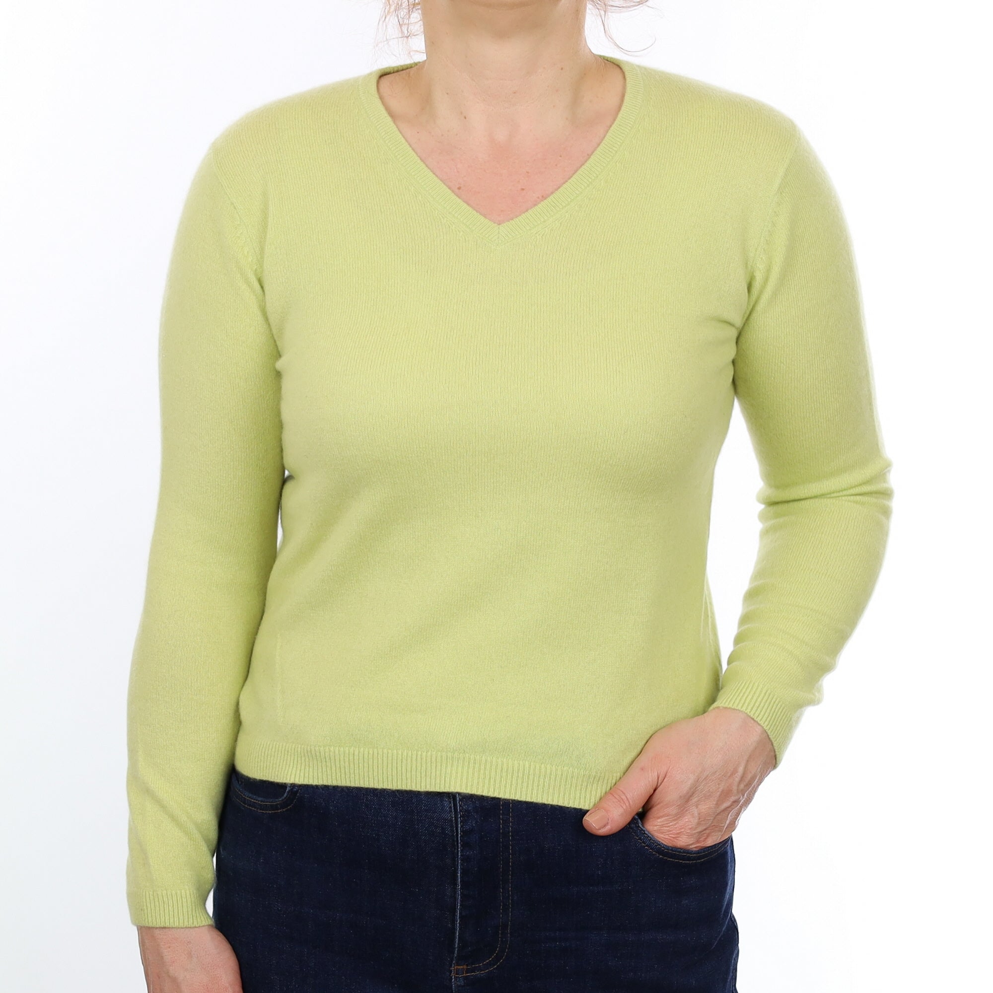 Lichen Green Cashmere V Neck Jumper Medium
