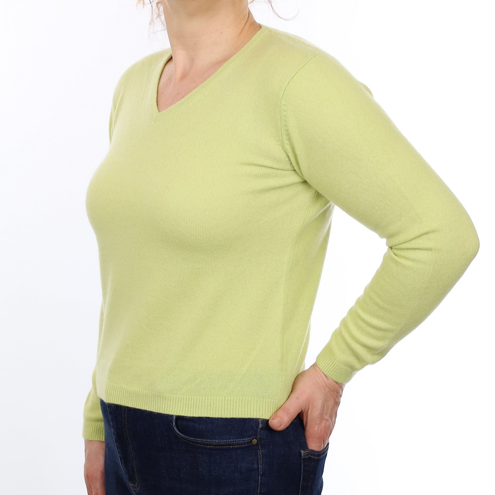 Lichen Green Cashmere V Neck Jumper Medium