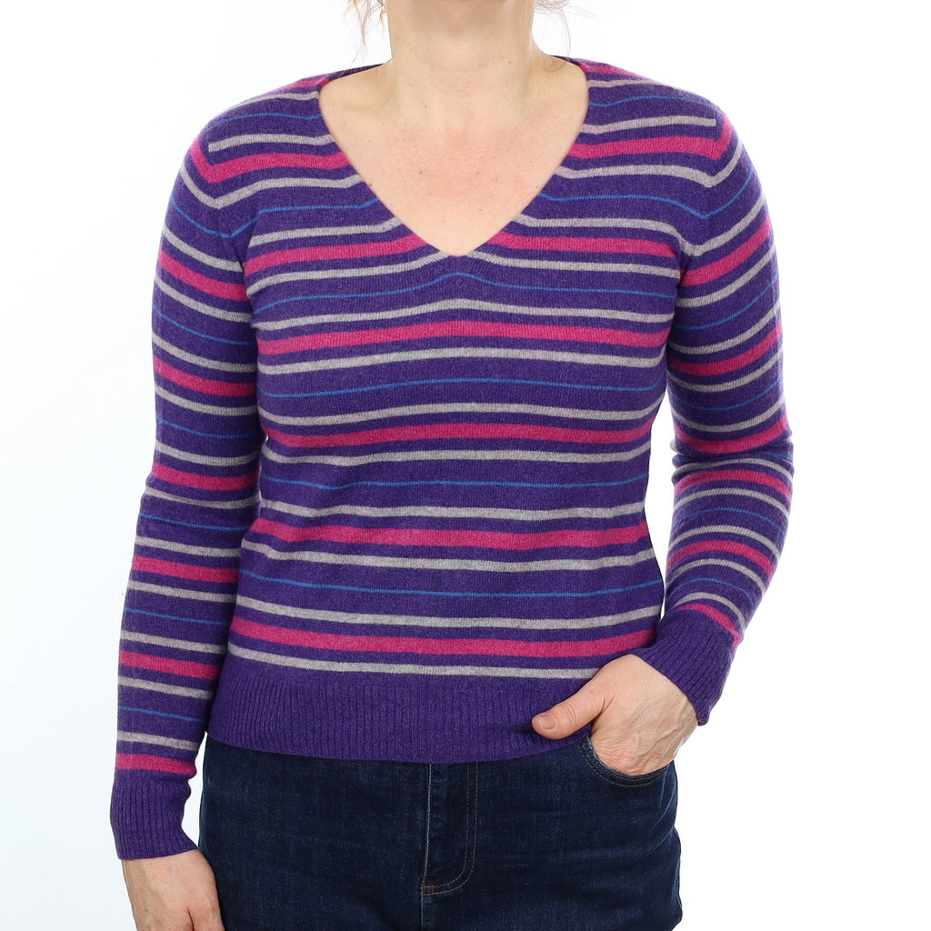 Purple and Grey Striped Cashmere V Neck Jumper Medium