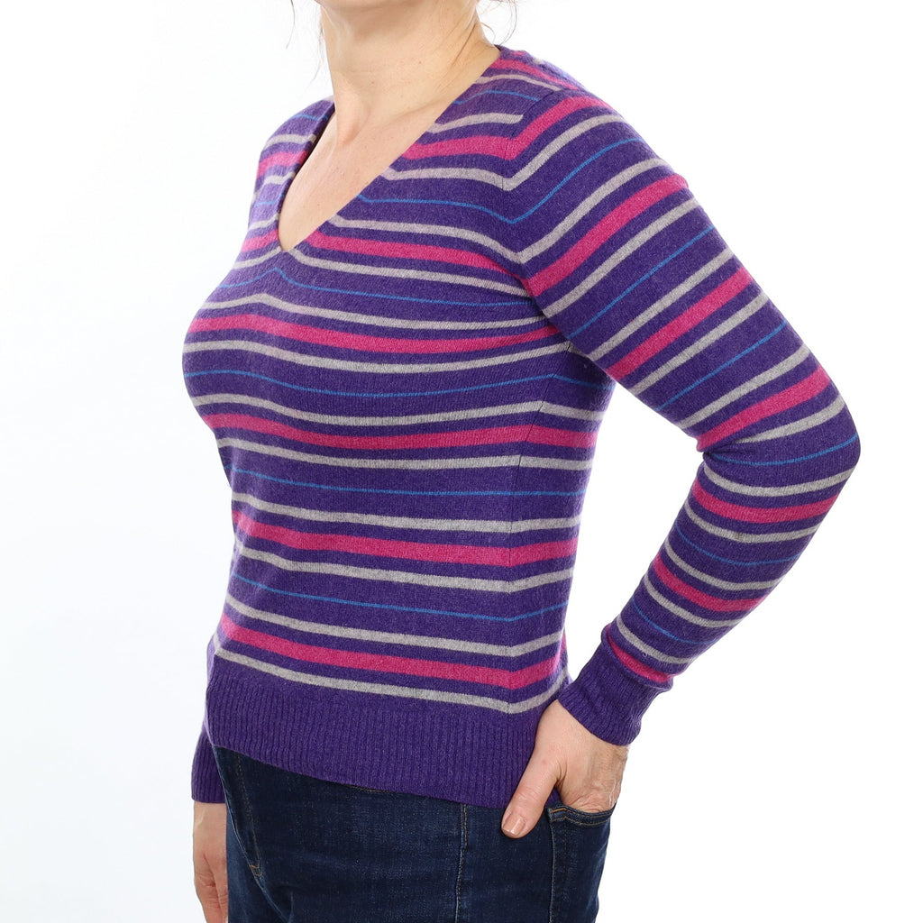 Purple and Grey Striped Cashmere V Neck Jumper Medium