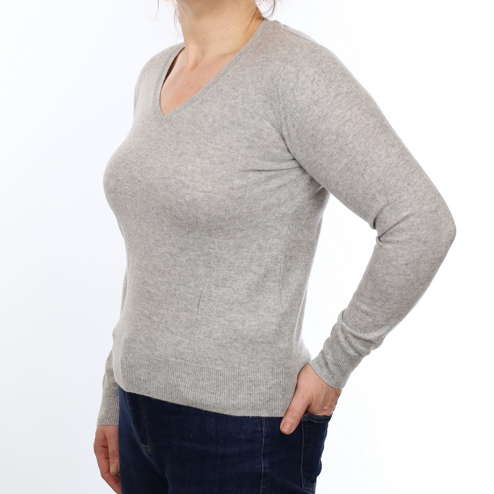 Smoke Grey Cashmere V Neck Jumper Medium