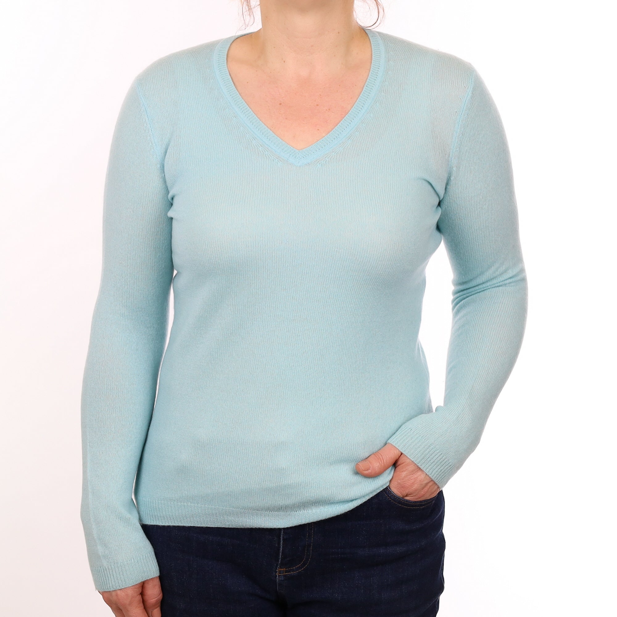 Opal Blue Lightweight Cashmere V Neck Jumper Medium
