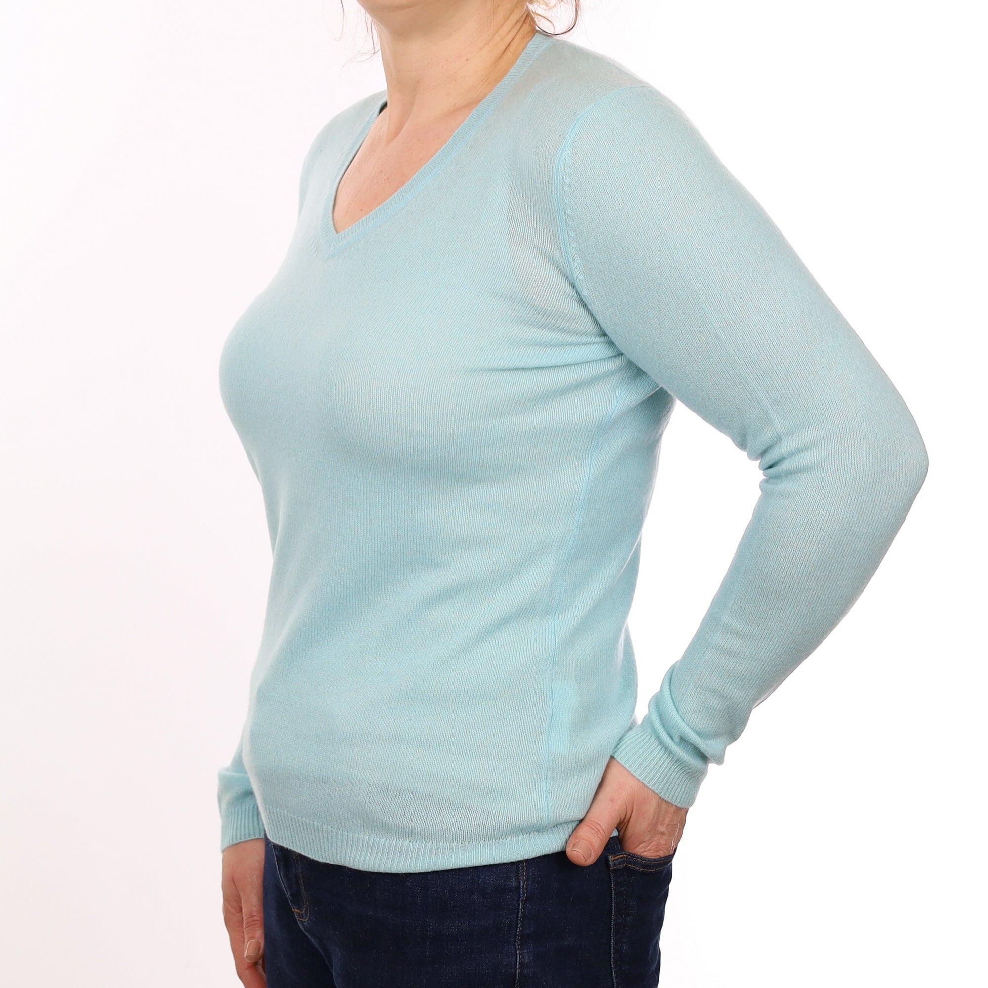 Opal Blue Lightweight Cashmere V Neck Jumper Medium