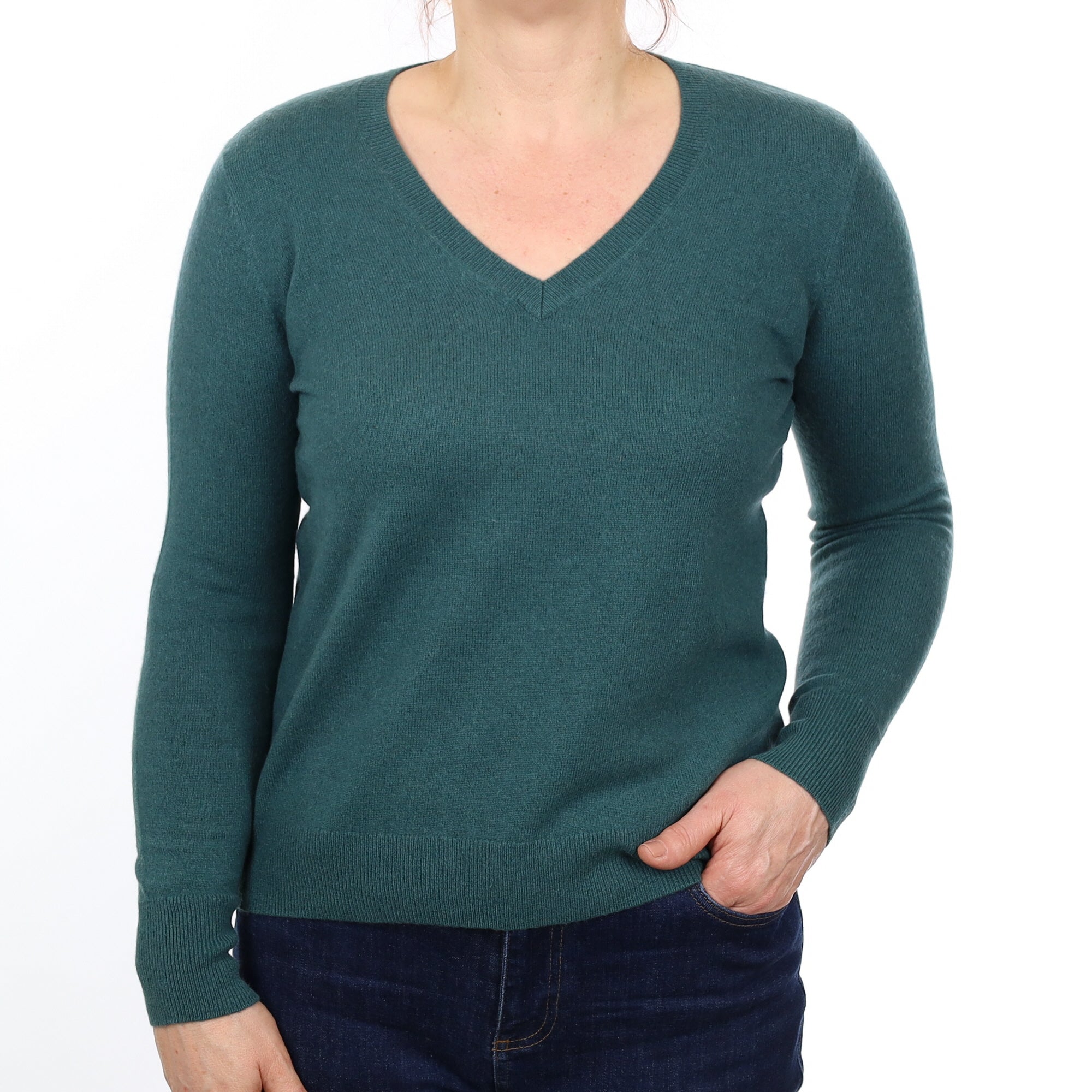 Spruce Green Cashmere V Neck Jumper Medium