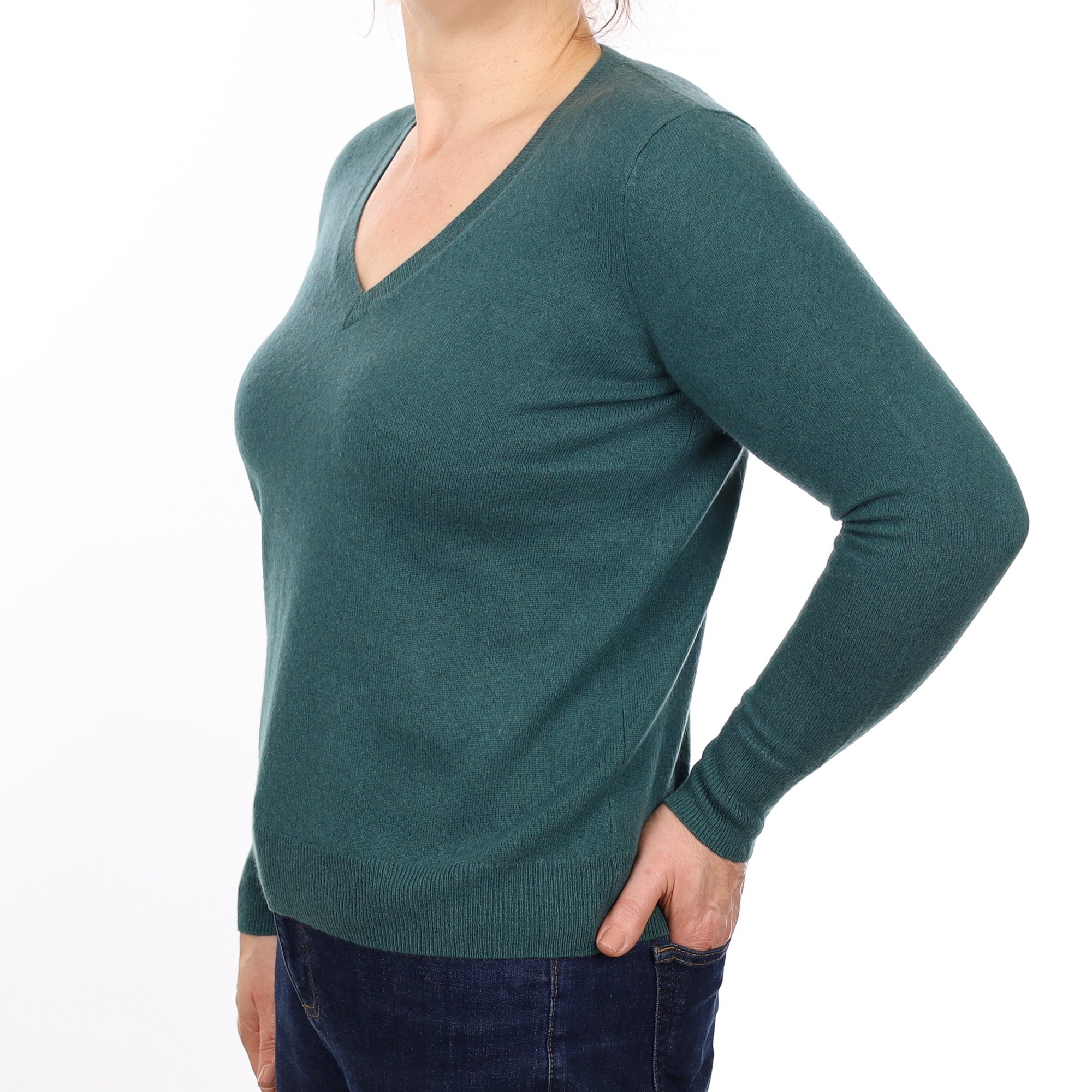 Spruce Green Cashmere V Neck Jumper Medium