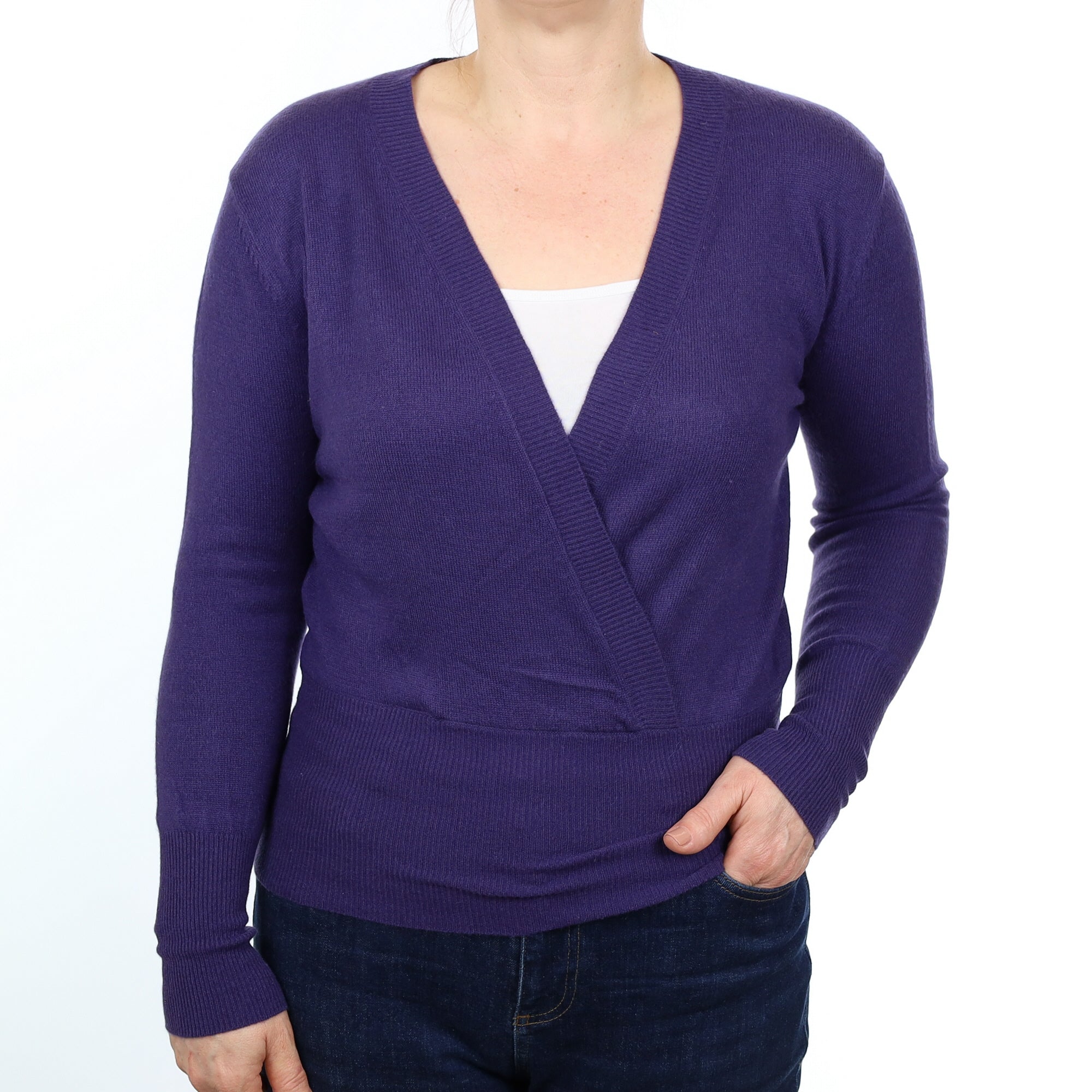 Deep Purple Cashmere Crossover V Neck Jumper Medium