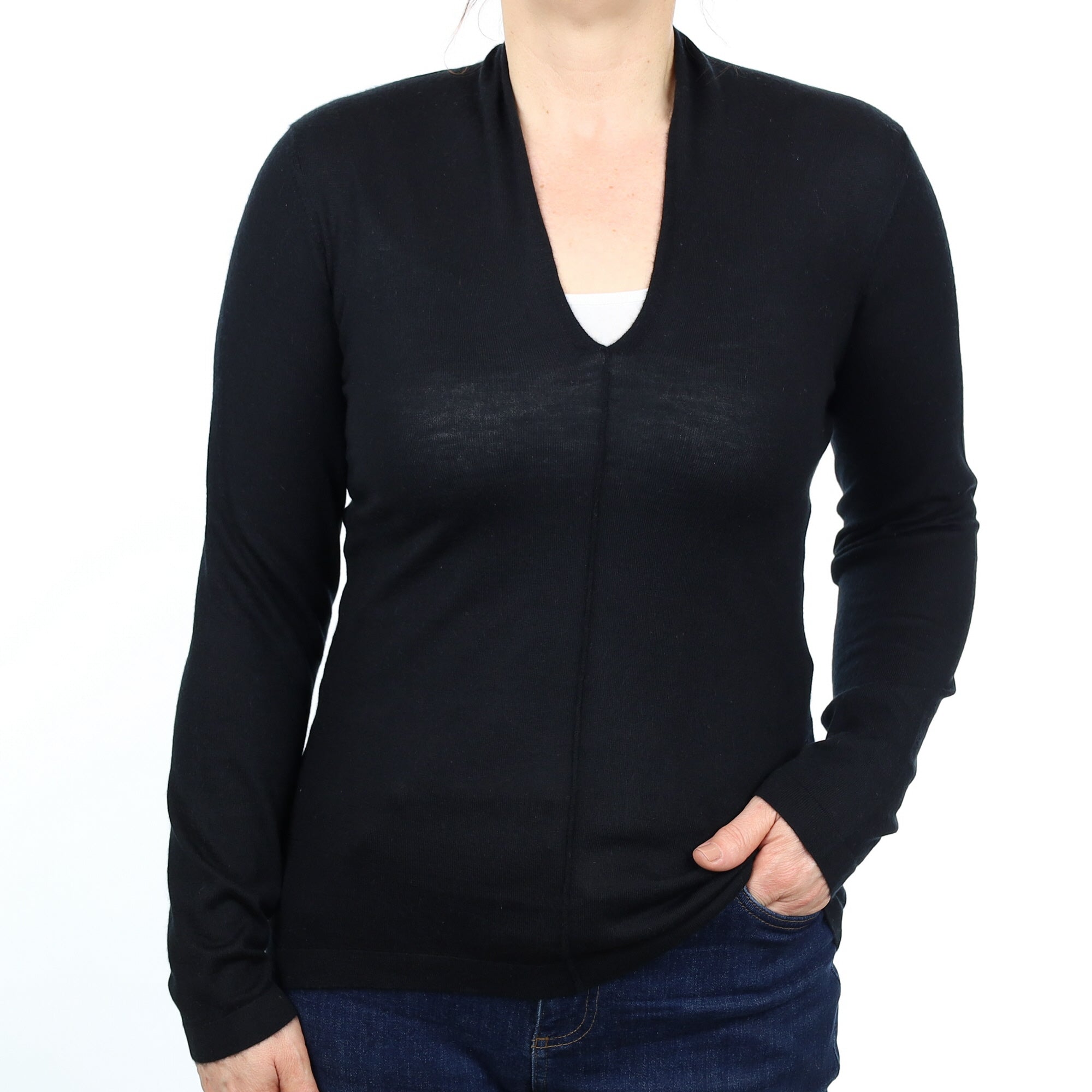Black Fine Knit Cashmere V Neck Jumper Medium