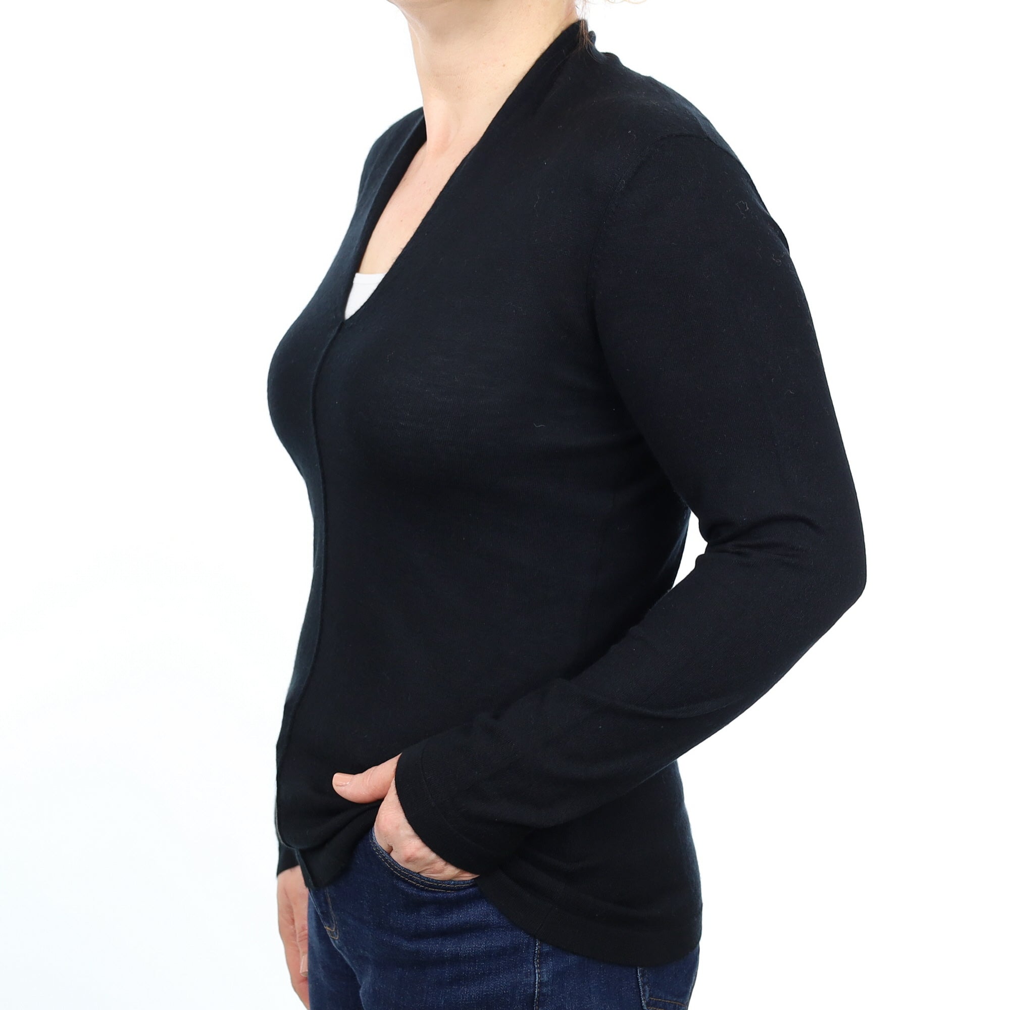 Black Fine Knit Cashmere V Neck Jumper Medium