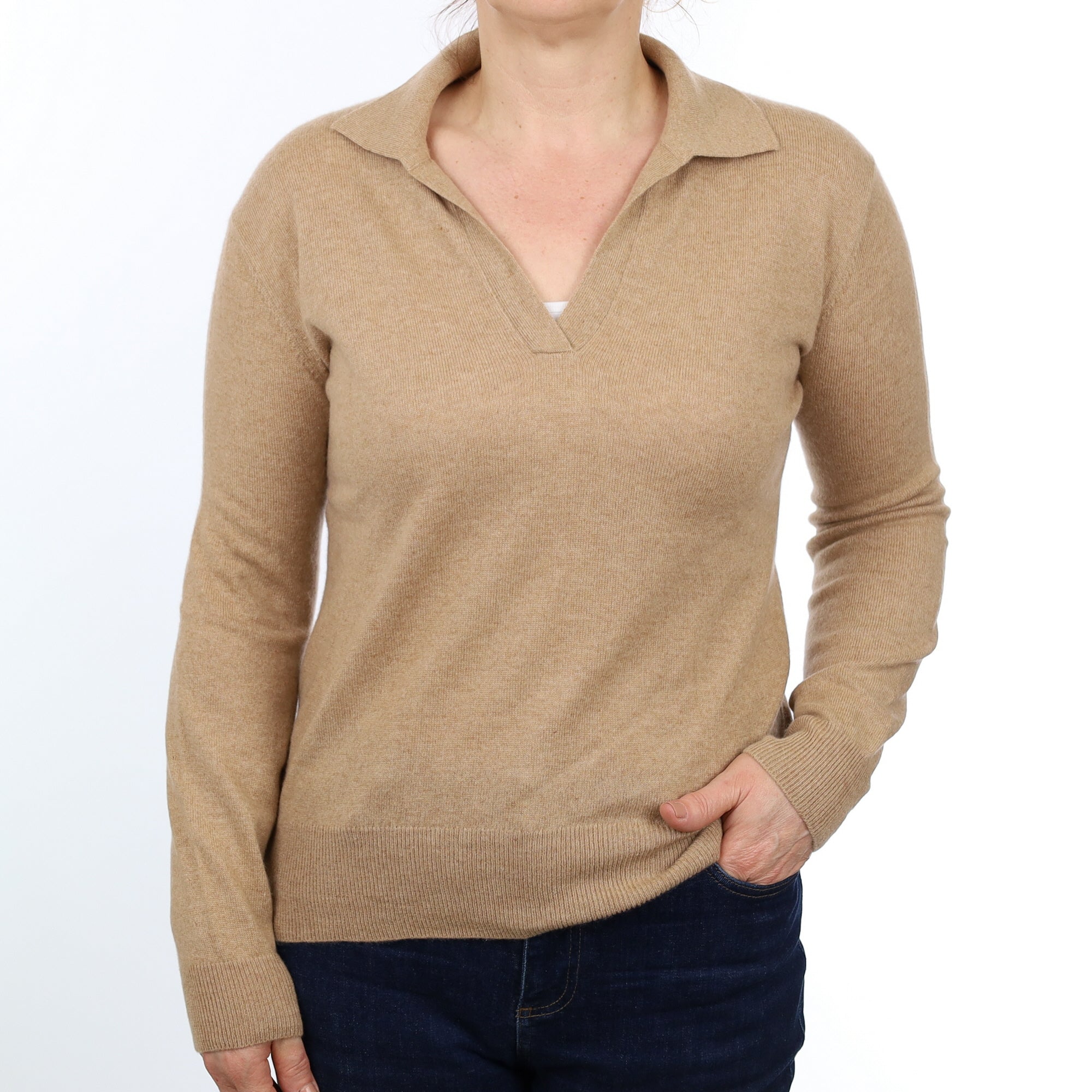 Caramel Cashmere Collared V Neck Jumper Medium