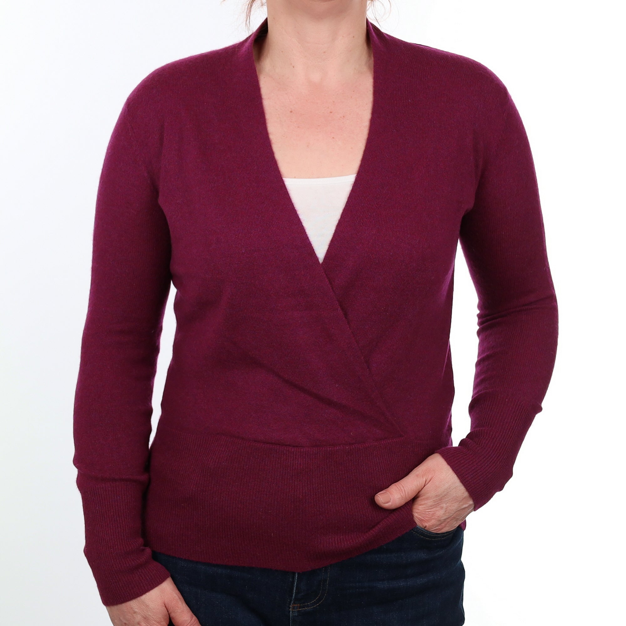 Plum Purple Cashmere Crossover  V Neck Jumper Medium