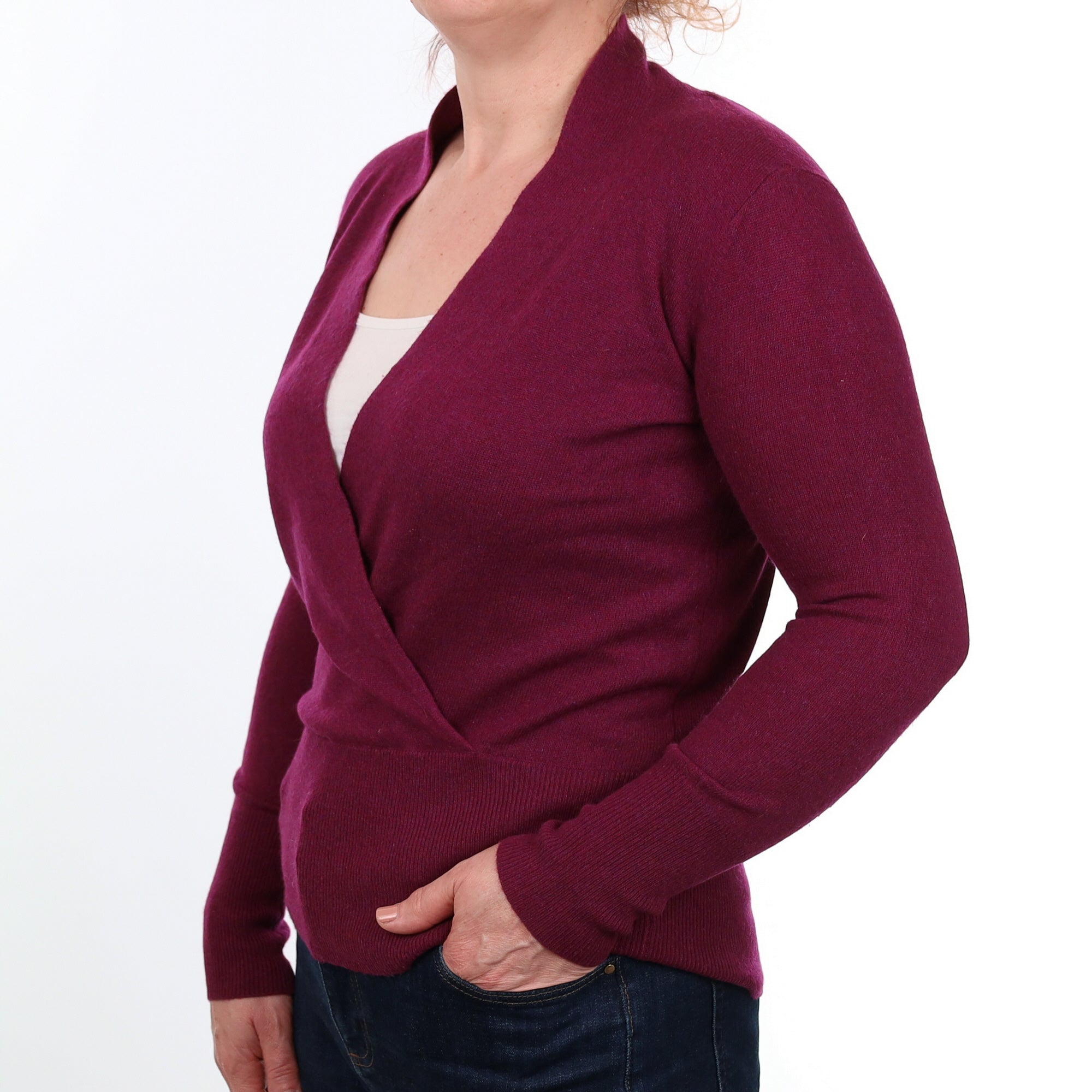 Plum Purple Cashmere Crossover  V Neck Jumper Medium