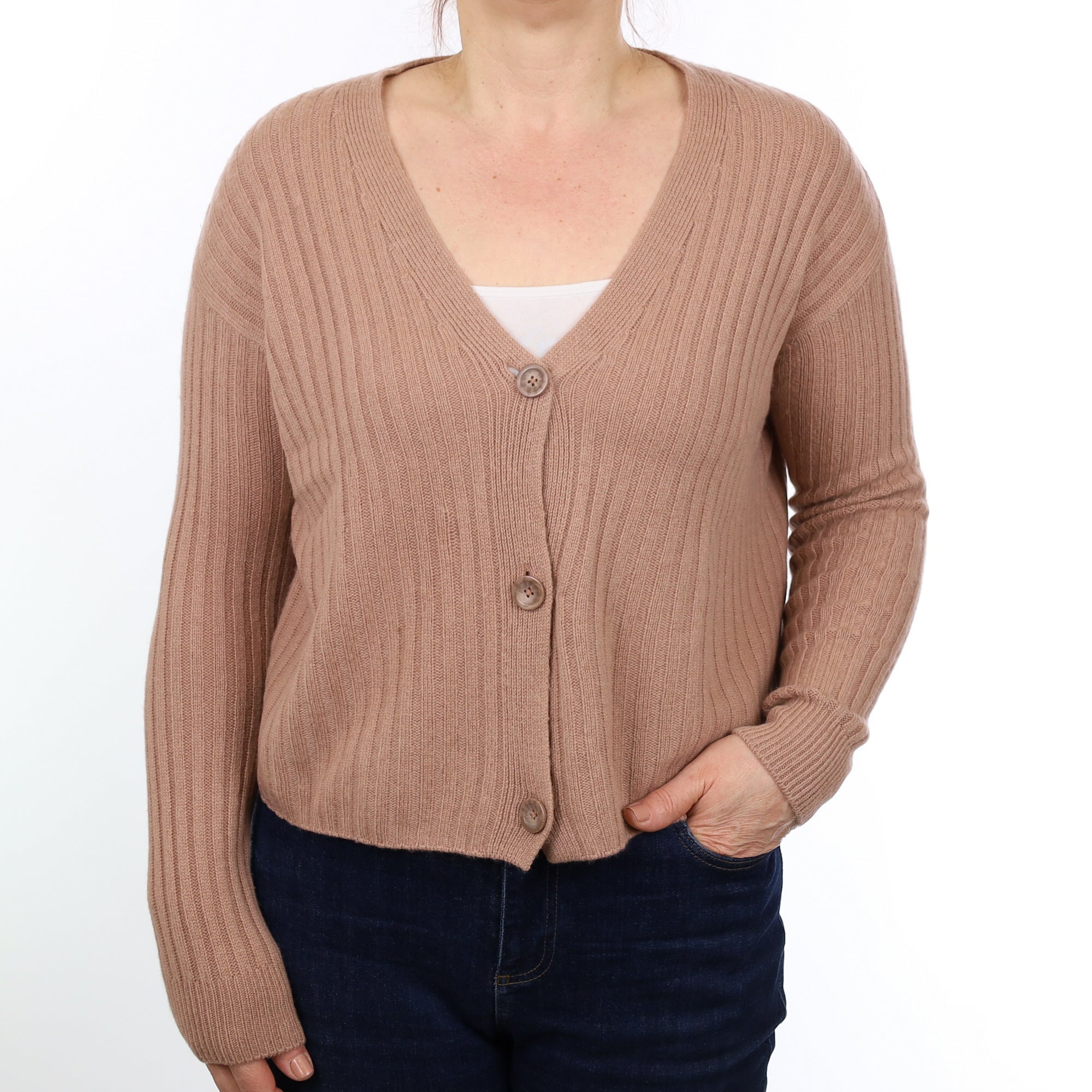 Caramel Ribbed Boxy Cashmere V Neck Cardigan Medium