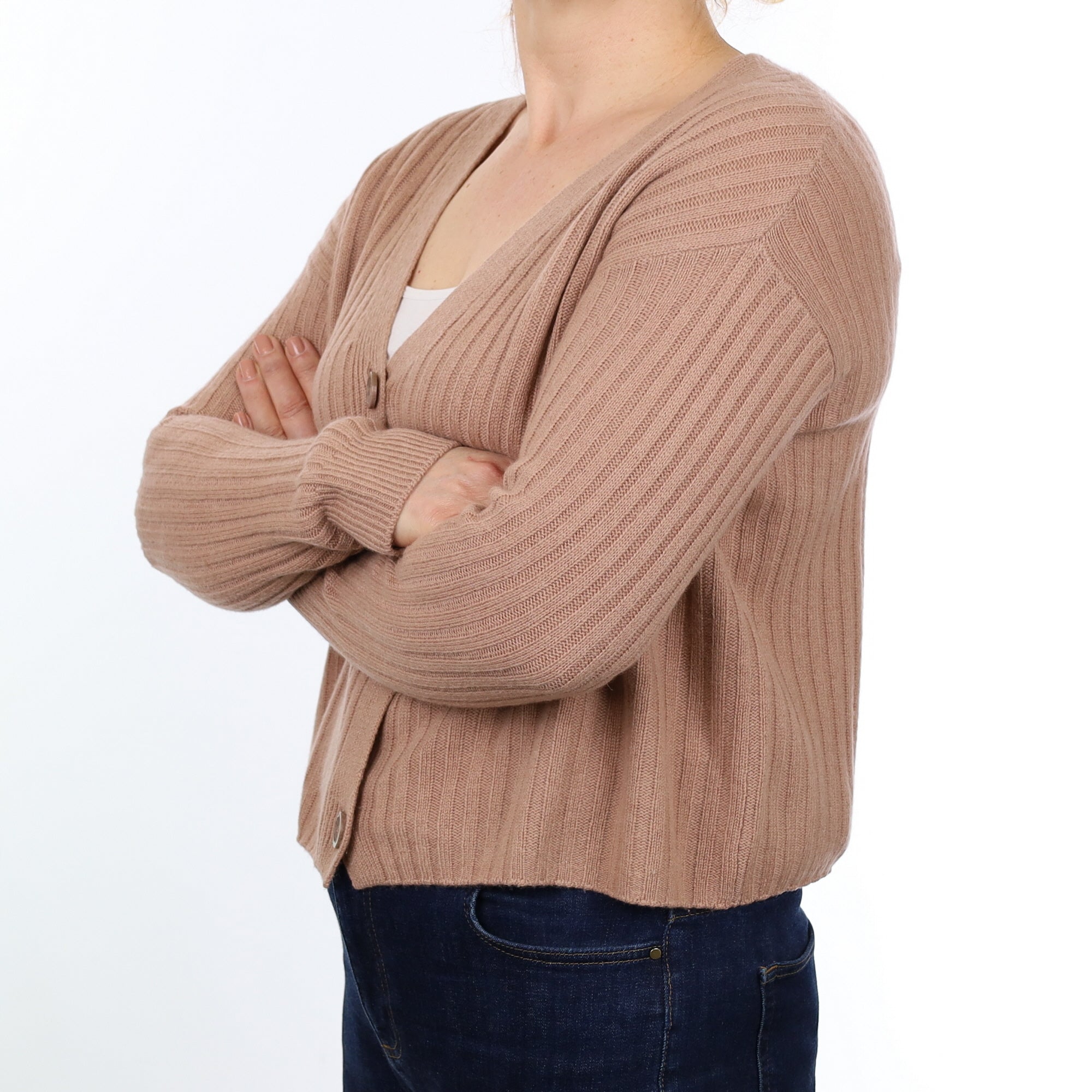 Caramel Ribbed Boxy Cashmere V Neck Cardigan Medium