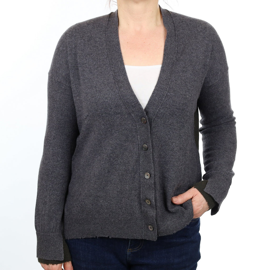 Zadig & Voltaire Grey and Khaki Cashmere V Neck Cardigan Medium