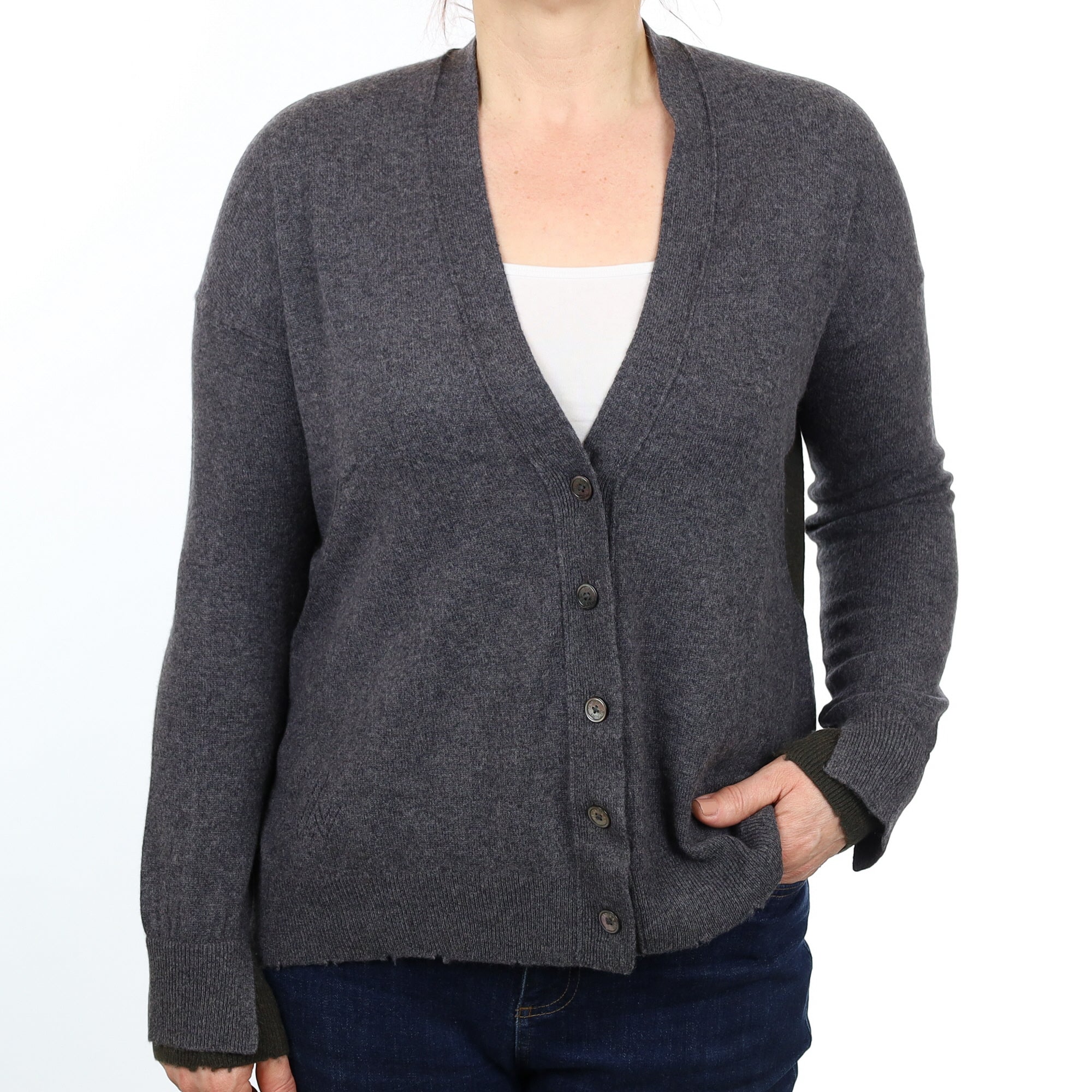 Zadig & Voltaire Grey and Khaki Cashmere V Neck Cardigan Medium