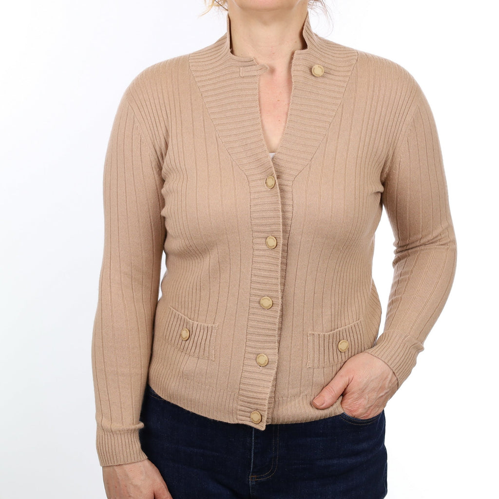 Caramel Ribbed Cashmere Collared Cardigan Medium