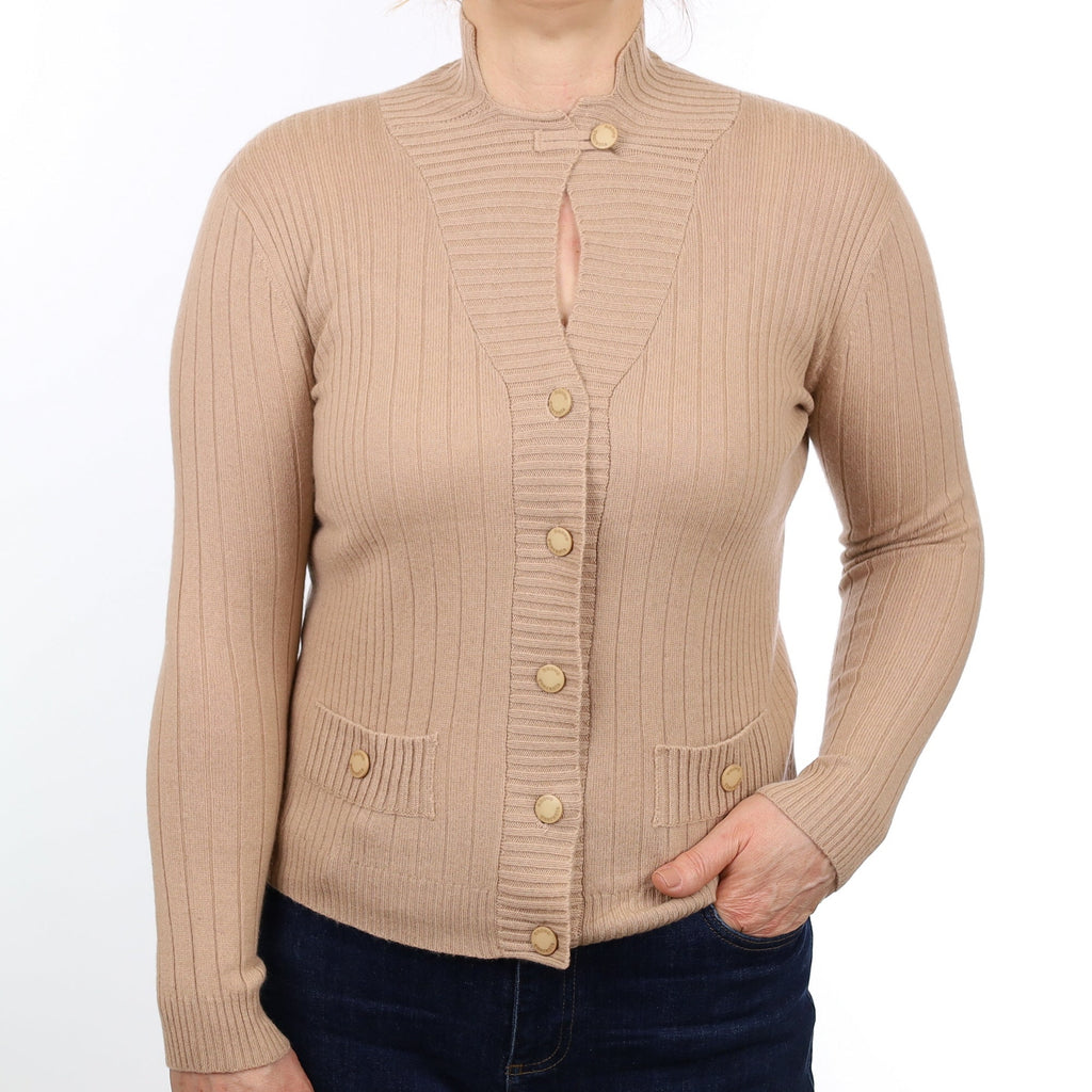 Caramel Ribbed Cashmere Collared Cardigan Medium